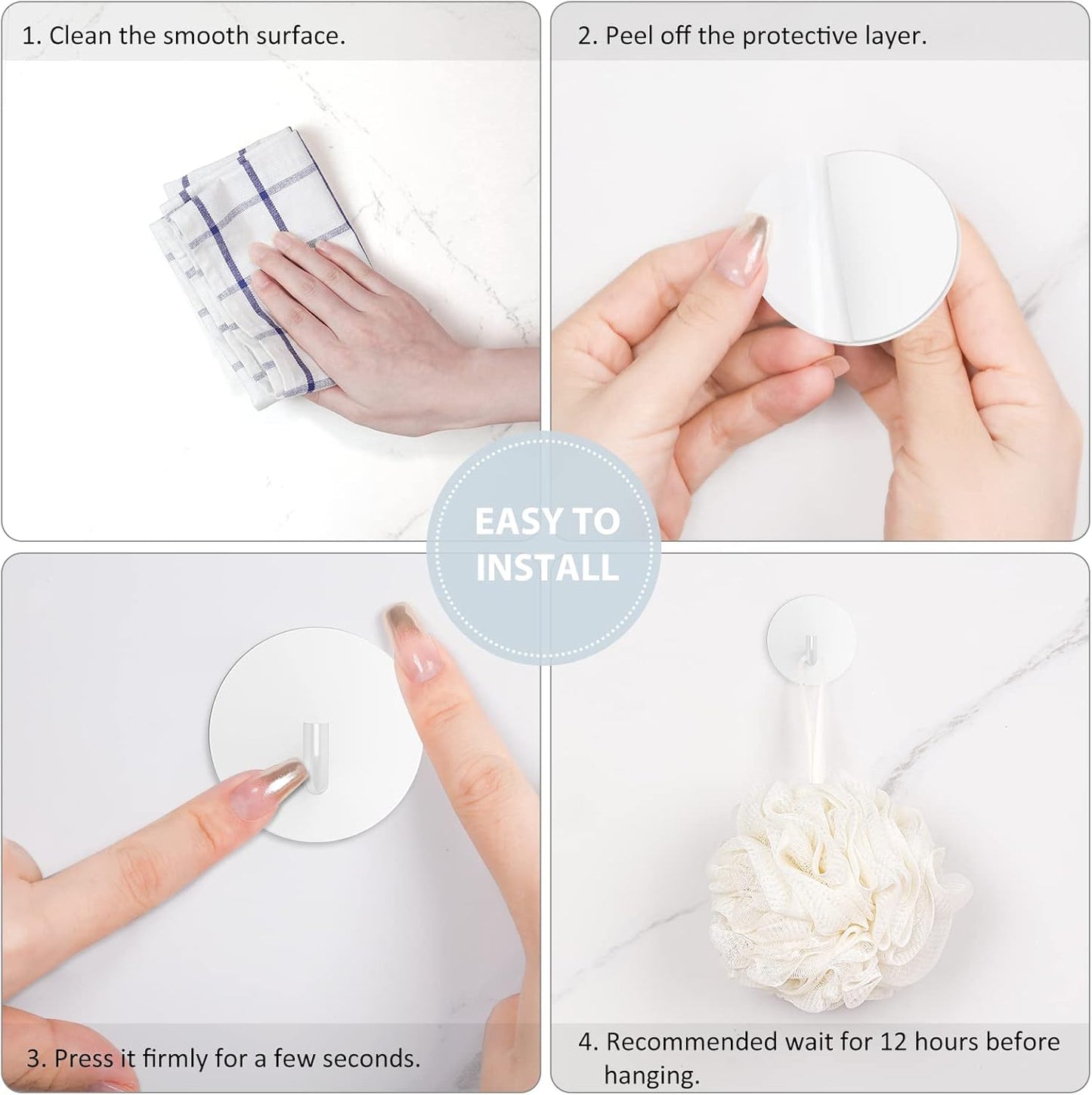 Adhesive Hooks, Small Metal Shower Wall Stick on Hooks, Waterproof, 2 Extra Adhesive Strips, Round, White, 4 Pcs