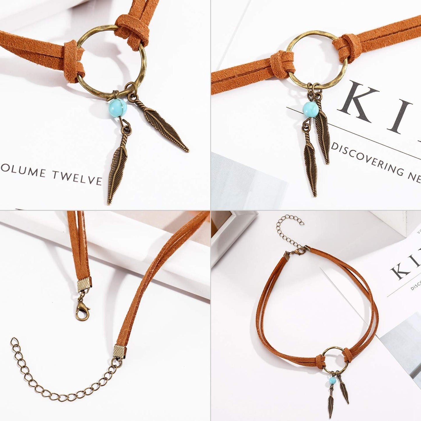 2 Sets Native American Jewelry Set for Women 2 Pieces Faux Suede Choker Necklace Faux Leather Choker and 2 Pairs Bohemian Artificial Feather Earrings Boho Dream Catcher Earring Western Jewelry