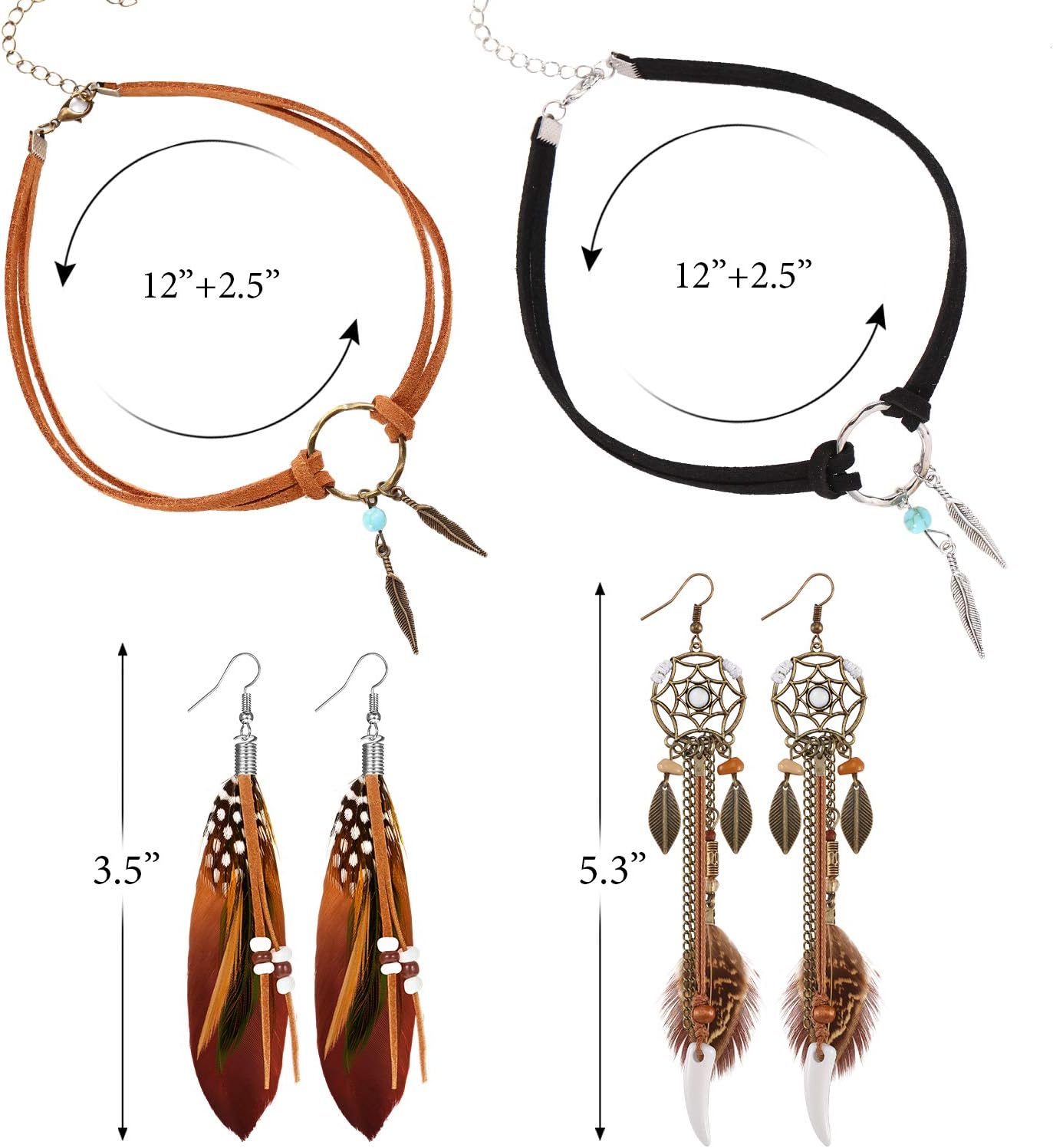 2 Sets Native American Jewelry Set for Women 2 Pieces Faux Suede Choker Necklace Faux Leather Choker and 2 Pairs Bohemian Artificial Feather Earrings Boho Dream Catcher Earring Western Jewelry