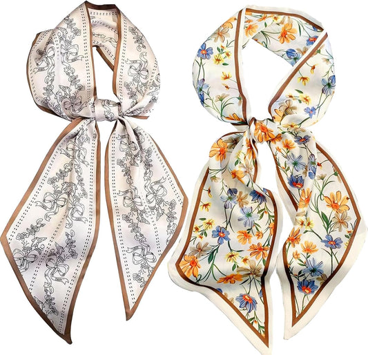 2 Pcs 59 Inch Silk Head Scarf Hair Neck Scarves Women's Fashion Square Neck Satin Scarfs for Women Purse Bag Scarfs for Handbags Silky Long Satin Headscarf
