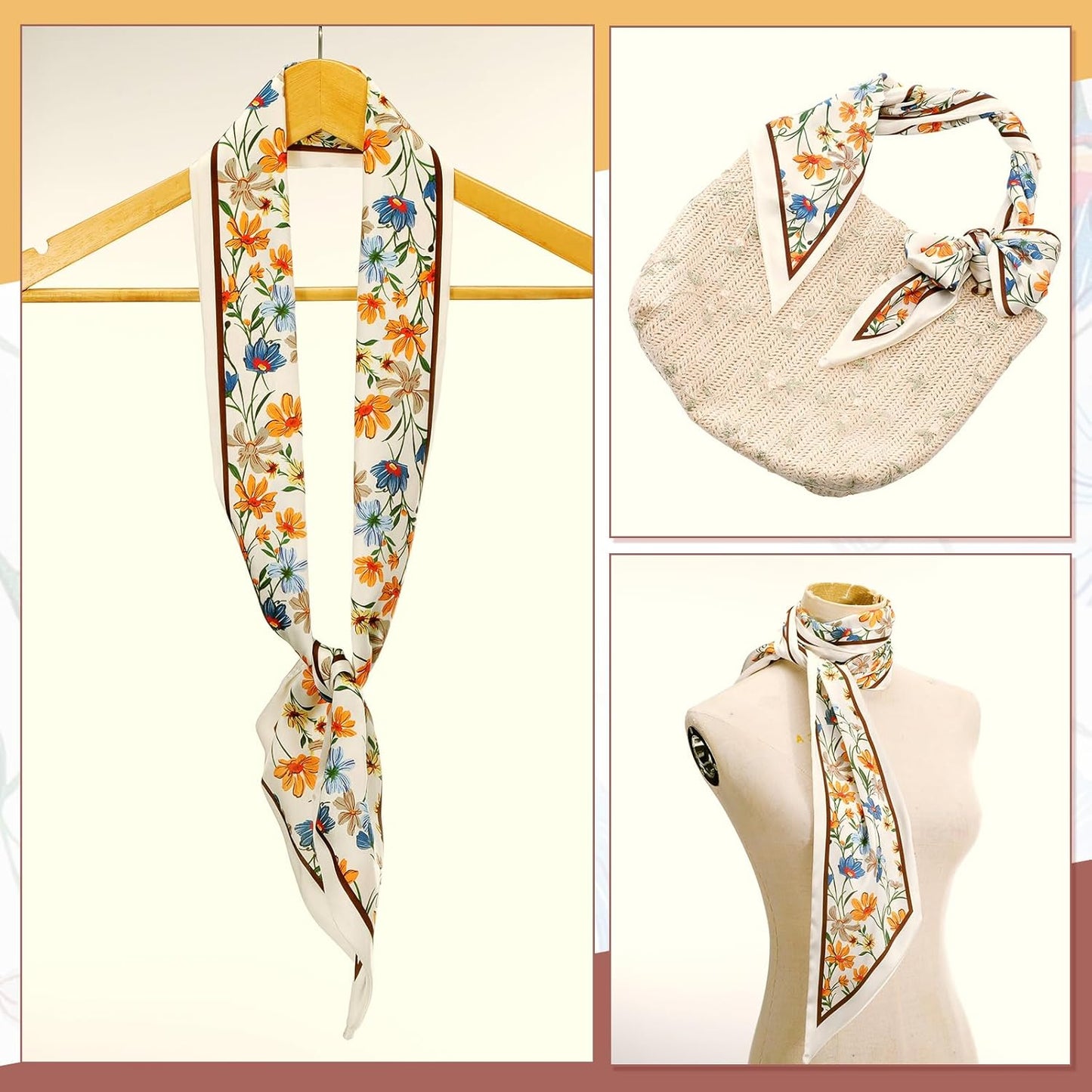 2 Pcs 59 Inch Silk Head Scarf Hair Neck Scarves Women's Fashion Square Neck Satin Scarfs for Women Purse Bag Scarfs for Handbags Silky Long Satin Headscarf
