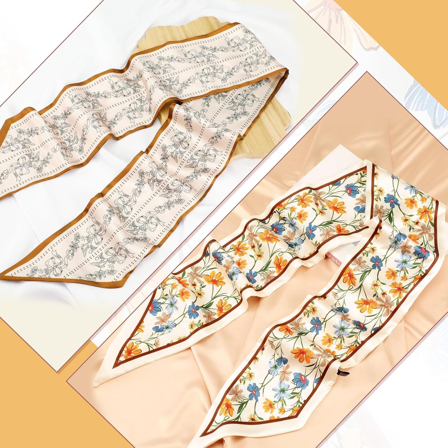 2 Pcs 59 Inch Silk Head Scarf Hair Neck Scarves Women's Fashion Square Neck Satin Scarfs for Women Purse Bag Scarfs for Handbags Silky Long Satin Headscarf