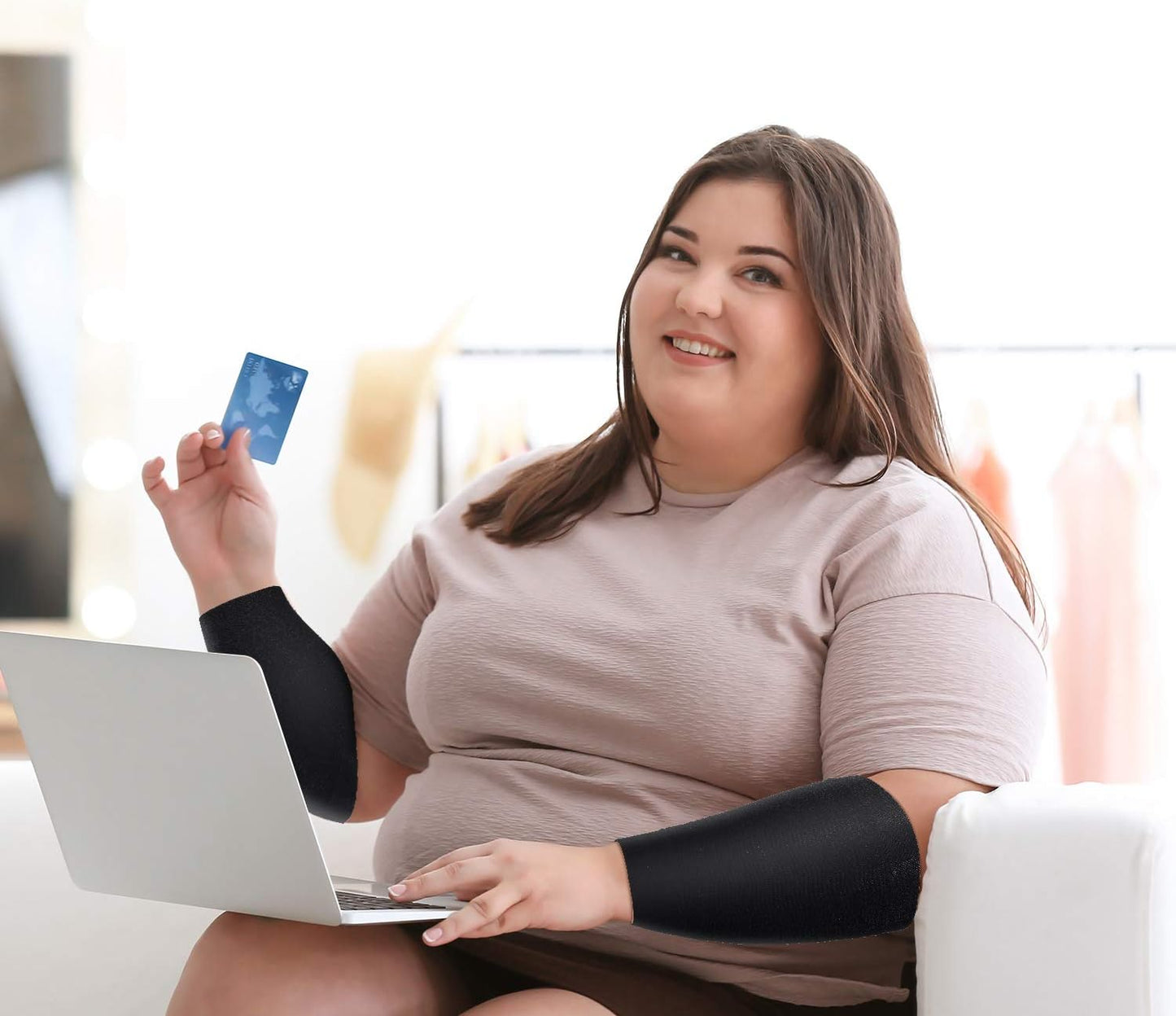 2 Pair Arm Sleeves for Plus Size Women, Slim Upper Arm Compression Shapers Wraps, 1 Pair Calf Compression Sleeves Included