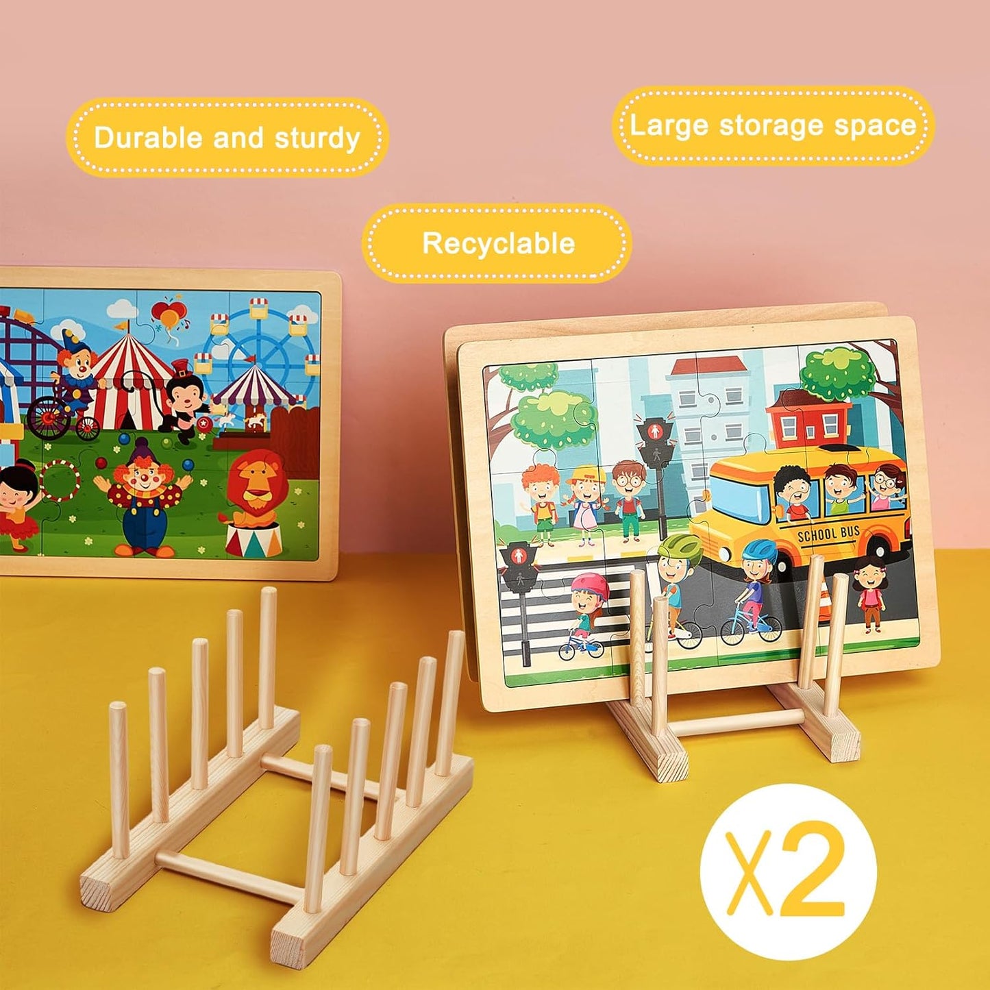 2 Pcs Wooden Puzzle Display Stand Jigsaw Holder Rack Puzzle Pot Lid Storage Organizer Shelf for Playroom Decor Craft Collection Lovers