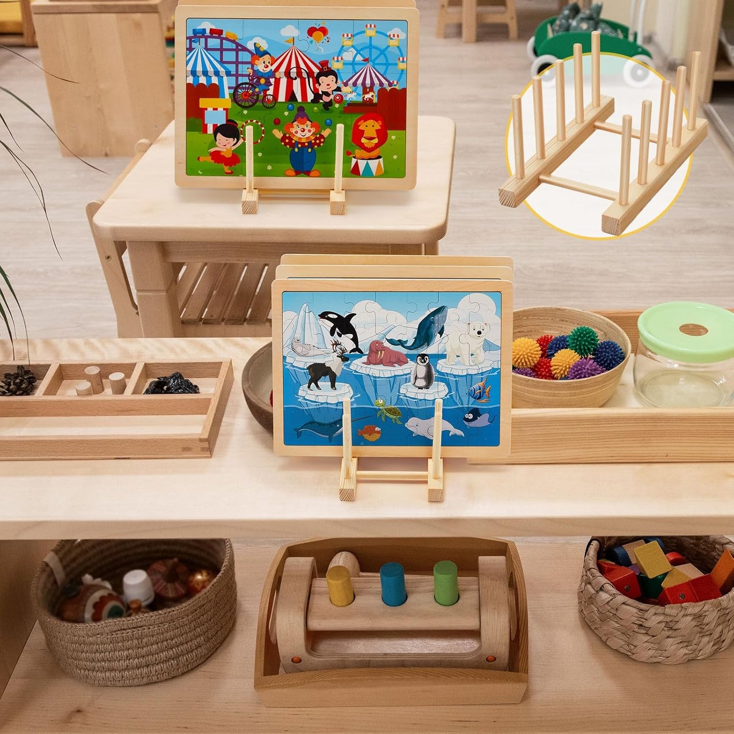 2 Pcs Wooden Puzzle Display Stand Jigsaw Holder Rack Puzzle Pot Lid Storage Organizer Shelf for Playroom Decor Craft Collection Lovers
