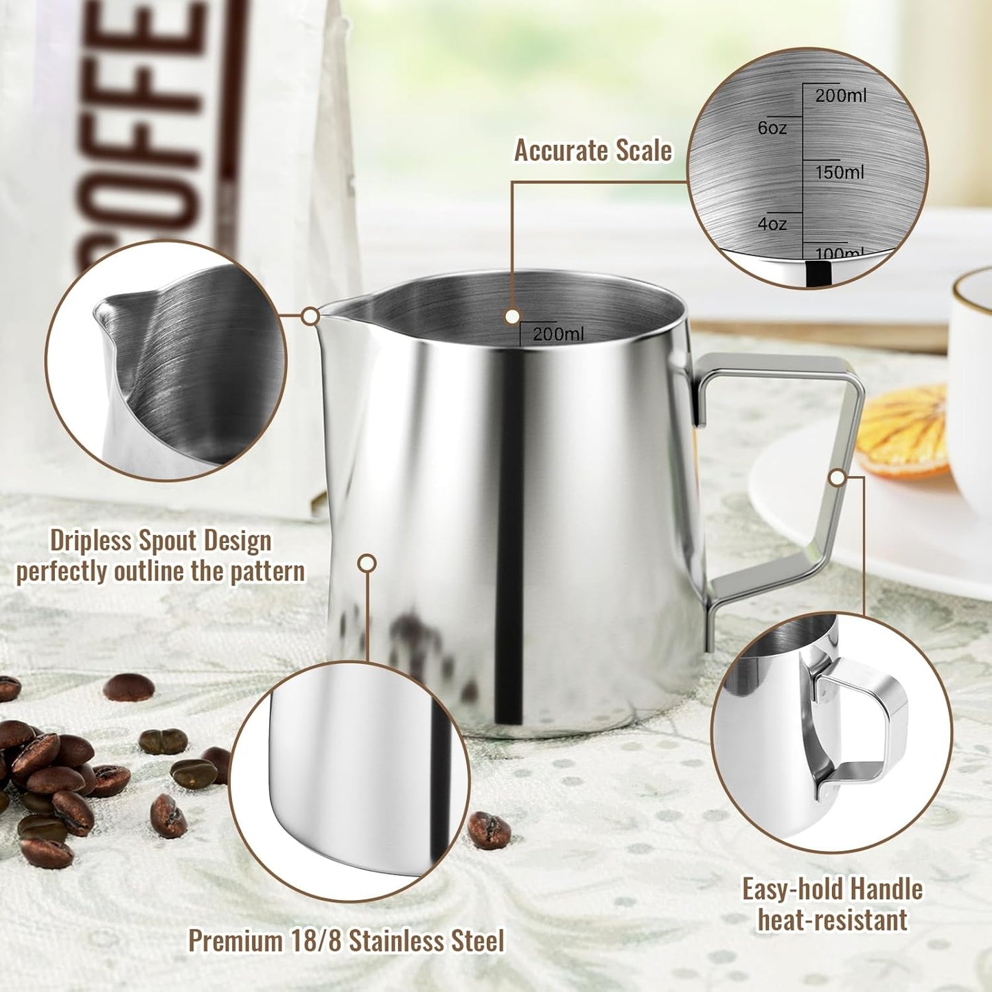 Milk Frothing Pitcher, 6.8oz/200ml Stainless Steel Milk Frother Cup, Small Steaming Pitcher for Espresso Machine, Latte Art Pour Cup