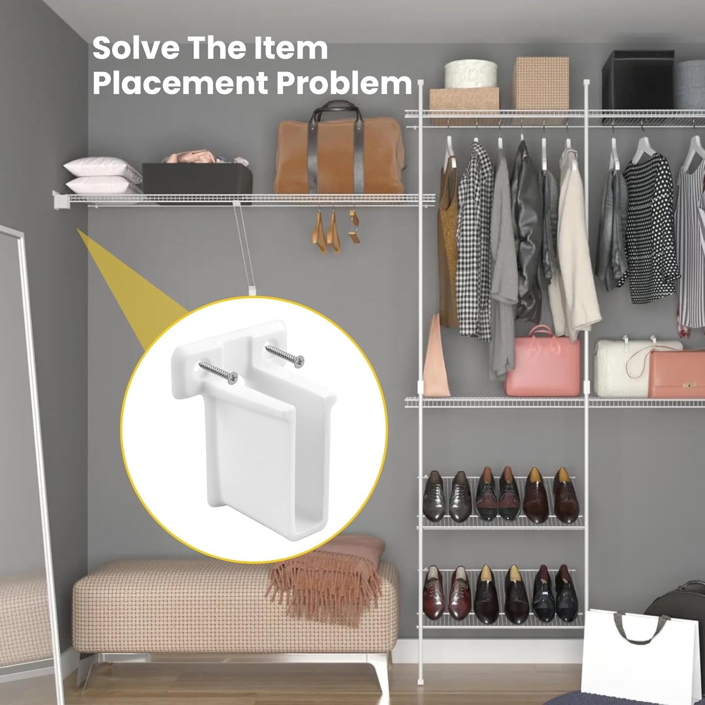 8 Pcs Wire Shelf End Bracket, White Wall Mount Closet Shelves Brackets, Wire Shelf Corner Support Bracket with Screws & Expansion Anchors for Shelves Closet