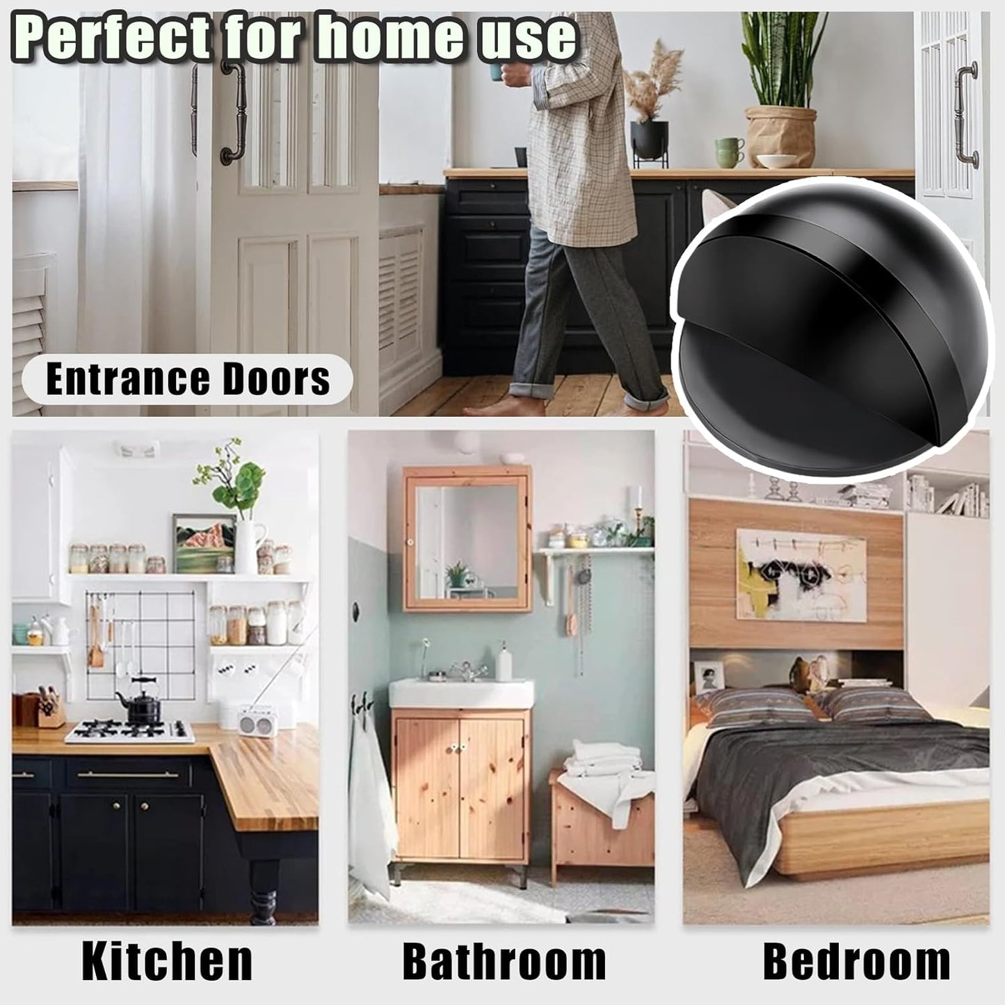 Drill-Free Floor Mounted Door Stoppers 3M Adhesive Self Adhesive Door Stoppers with Black Rubber Bumper Tips Floor Mount Half Dome Door Stopper for Office Bedroom Living Room Shower Room (Black-2Pcs)