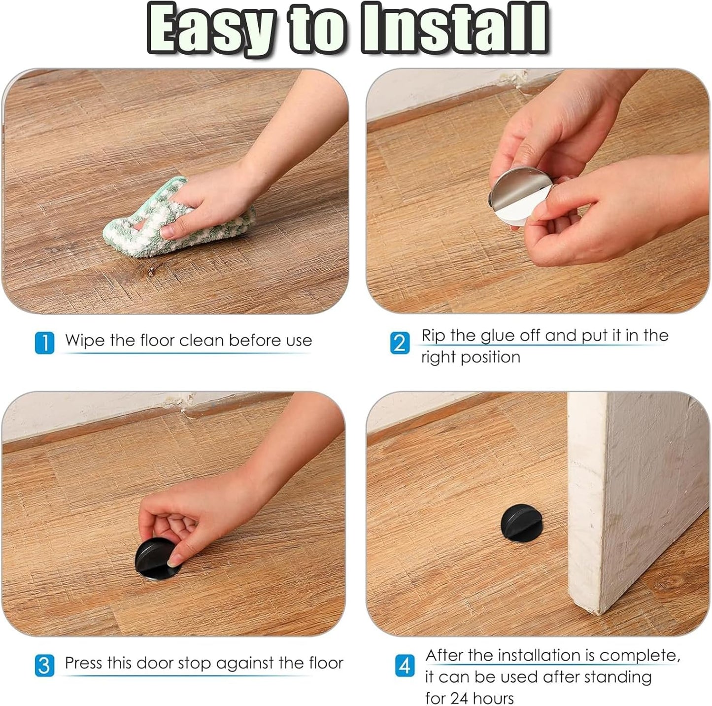 Drill-Free Floor Mounted Door Stoppers 3M Adhesive Self Adhesive Door Stoppers with Black Rubber Bumper Tips Floor Mount Half Dome Door Stopper for Office Bedroom Living Room Shower Room (Black-2Pcs)