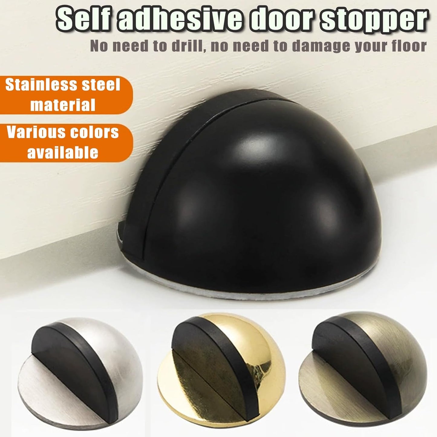Drill-Free Floor Mounted Door Stoppers 3M Adhesive Self Adhesive Door Stoppers with Black Rubber Bumper Tips Floor Mount Half Dome Door Stopper for Office Bedroom Living Room Shower Room (Black-2Pcs)