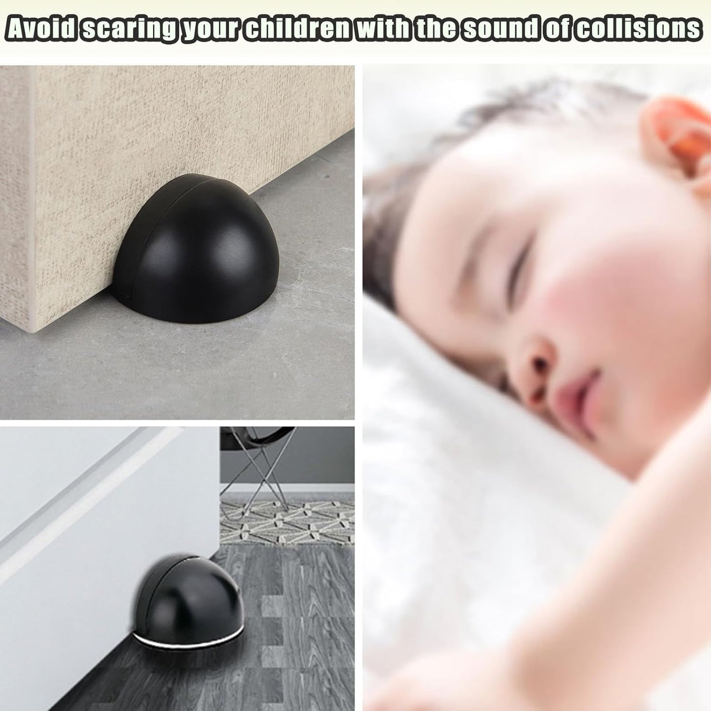 Drill-Free Floor Mounted Door Stoppers 3M Adhesive Self Adhesive Door Stoppers with Black Rubber Bumper Tips Floor Mount Half Dome Door Stopper for Office Bedroom Living Room Shower Room (Black-4Pcs)