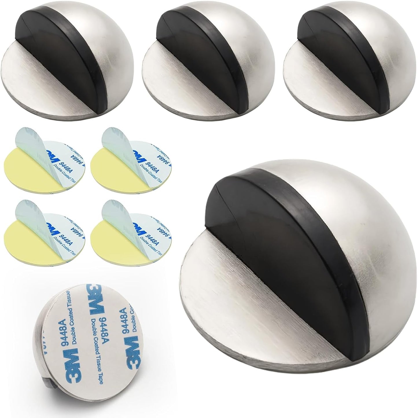 Drill-Free Floor Mounted Door Stoppers 3M Adhesive Self Adhesive Door Stoppers with Black Rubber Bumper Tips Floor Mount Half Dome Door Stopper for Office Bedroom Living Room Shower Room (Silver-4Pcs)