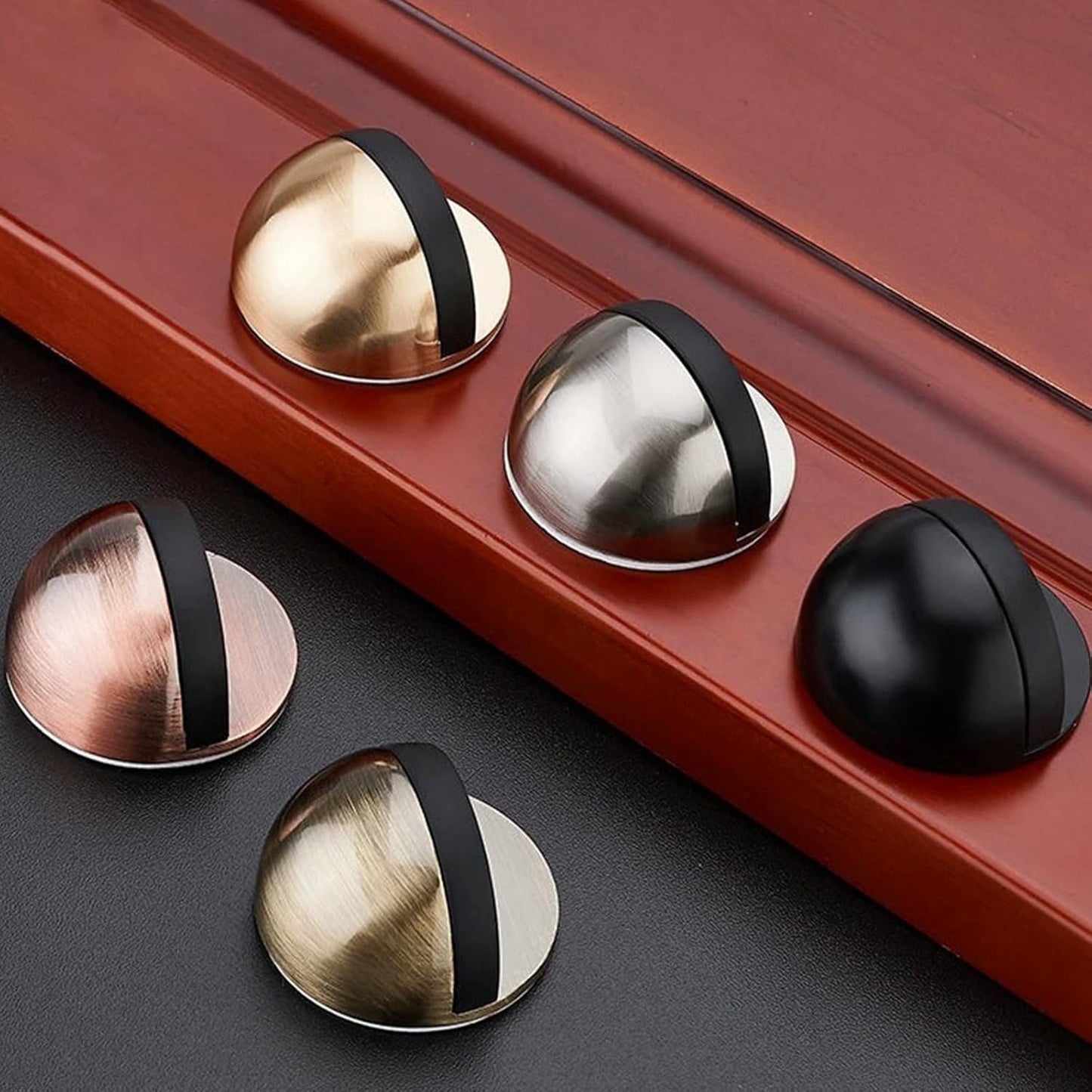 Drill-Free Floor Mounted Door Stoppers 3M Adhesive Self Adhesive Door Stoppers with Black Rubber Bumper Tips Floor Mount Half Dome Door Stopper for Office Bedroom Living Room Shower Room (Silver-4Pcs)