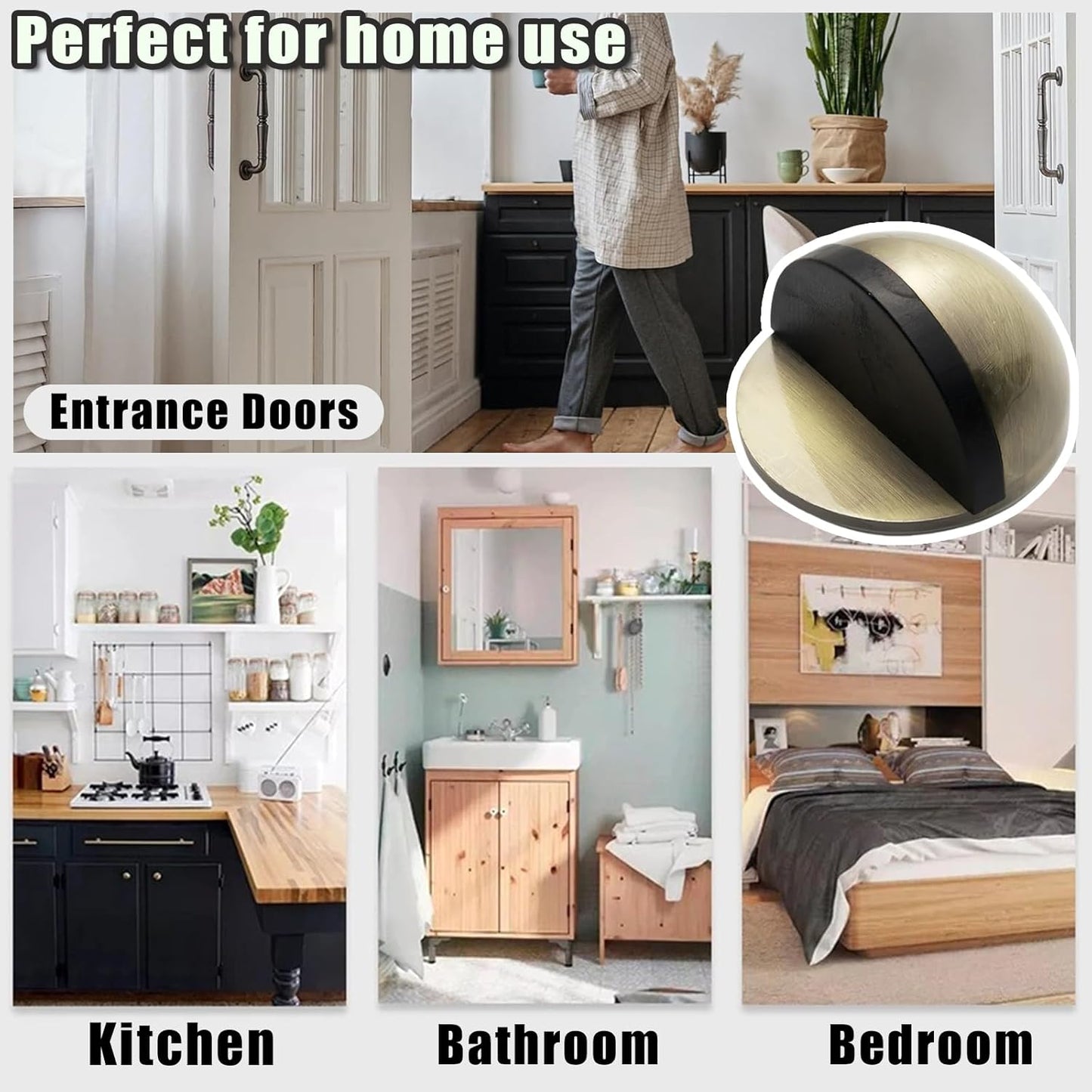 Drill-Free Floor Mounted Door Stoppers 3M Adhesive Self Adhesive Door Stoppers with Black Rubber Bumper Tips Floor Mount Half Dome Door Stopper for Office Bedroom Living Room Shower Room (Bronze-4Pcs)