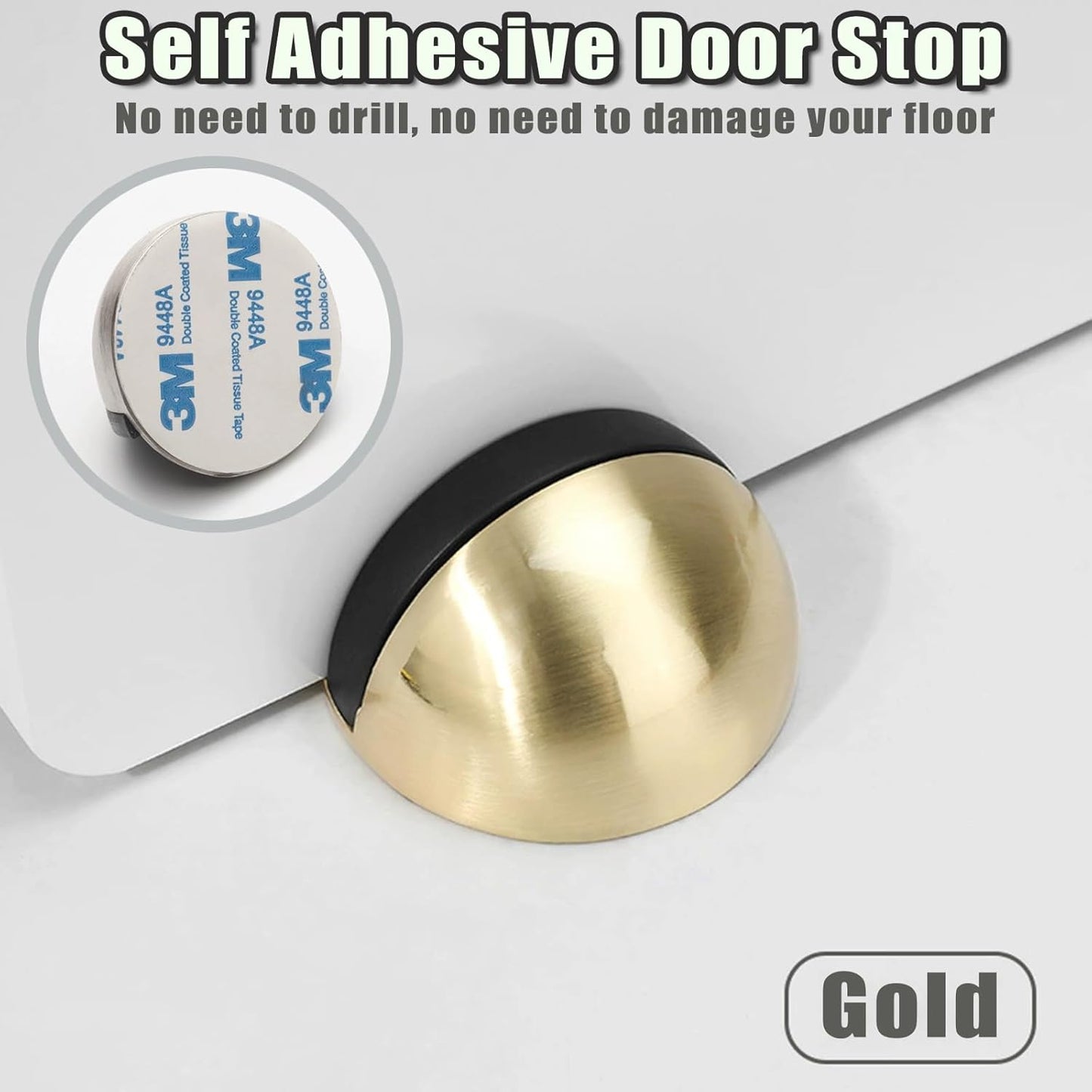 Drill-Free Floor Mounted Door Stoppers 3M Adhesive Self Adhesive Door Stoppers with Black Rubber Bumper Tips Floor Mount Half Dome Door Stopper for Office Bedroom Living Room Shower Room (Gold-4Pcs)