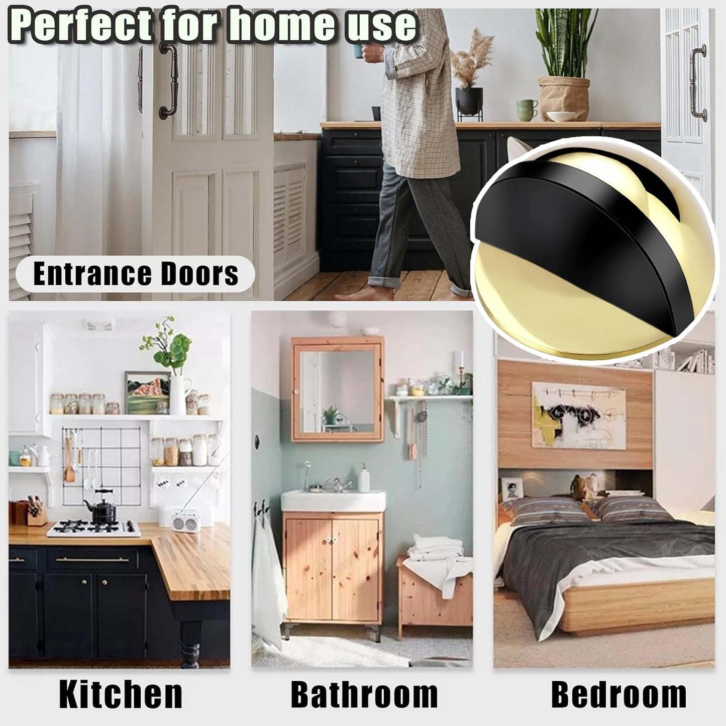 Drill-Free Floor Mounted Door Stoppers 3M Adhesive Self Adhesive Door Stoppers with Black Rubber Bumper Tips Floor Mount Half Dome Door Stopper for Office Bedroom Living Room Shower Room (Gold-4Pcs)