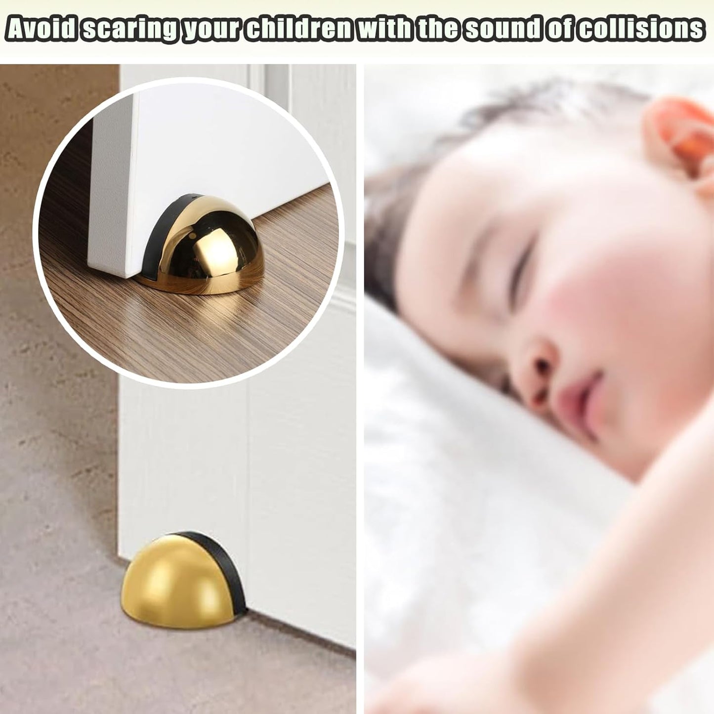Drill-Free Floor Mounted Door Stoppers 3M Adhesive Self Adhesive Door Stoppers with Black Rubber Bumper Tips Floor Mount Half Dome Door Stopper for Office Bedroom Living Room Shower Room (Gold-4Pcs)