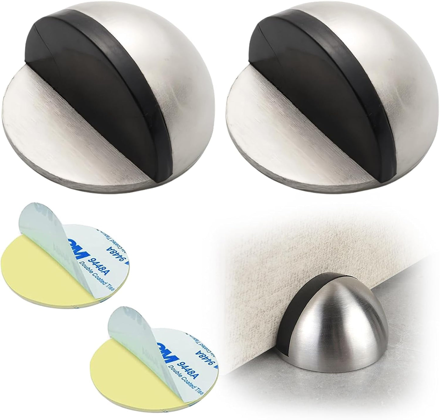 Drill-Free Floor Mounted Door Stoppers 3M Adhesive Self Adhesive Door Stoppers with Black Rubber Bumper Tips Floor Mount Half Dome Door Stopper for Office Bedroom Living Room Shower Room (Silver-2Pcs)