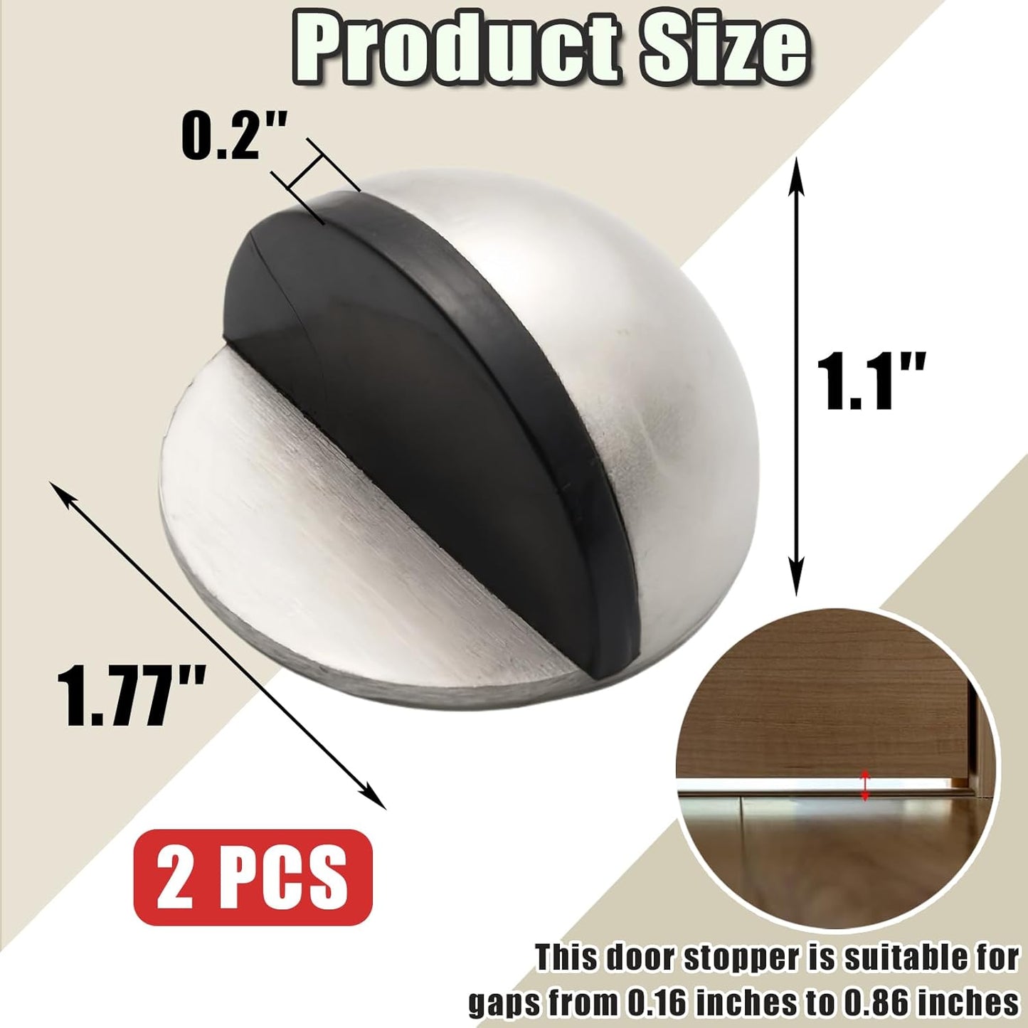Drill-Free Floor Mounted Door Stoppers 3M Adhesive Self Adhesive Door Stoppers with Black Rubber Bumper Tips Floor Mount Half Dome Door Stopper for Office Bedroom Living Room Shower Room (Silver-2Pcs)