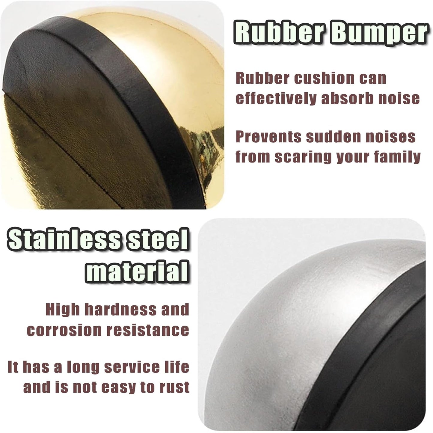 Drill-Free Floor Mounted Door Stoppers 3M Adhesive Self Adhesive Door Stoppers with Black Rubber Bumper Tips Floor Mount Half Dome Door Stopper for Office Bedroom Living Room Shower Room (Silver-2Pcs)