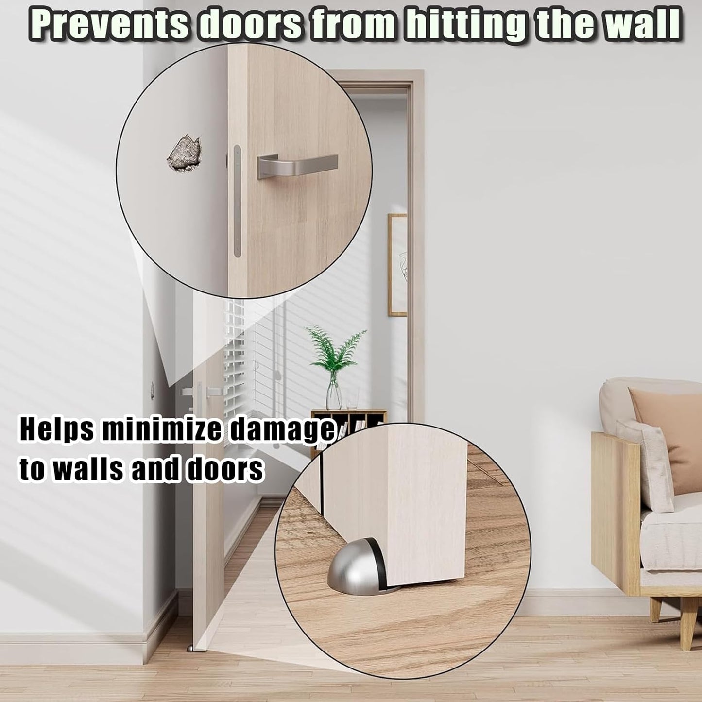 Drill-Free Floor Mounted Door Stoppers 3M Adhesive Self Adhesive Door Stoppers with Black Rubber Bumper Tips Floor Mount Half Dome Door Stopper for Office Bedroom Living Room Shower Room (Silver-2Pcs)