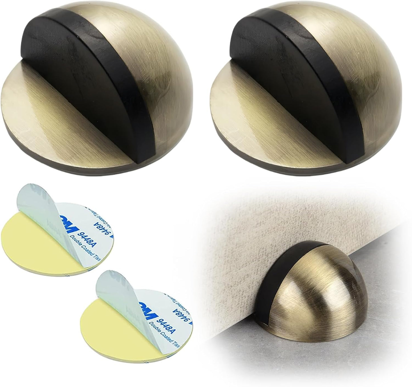 Drill-Free Floor Mounted Door Stoppers 3M Adhesive Self Adhesive Door Stoppers with Black Rubber Bumper Tips Floor Mount Half Dome Door Stopper for Office Bedroom Living Room Shower Room (Bronze-2Pcs)