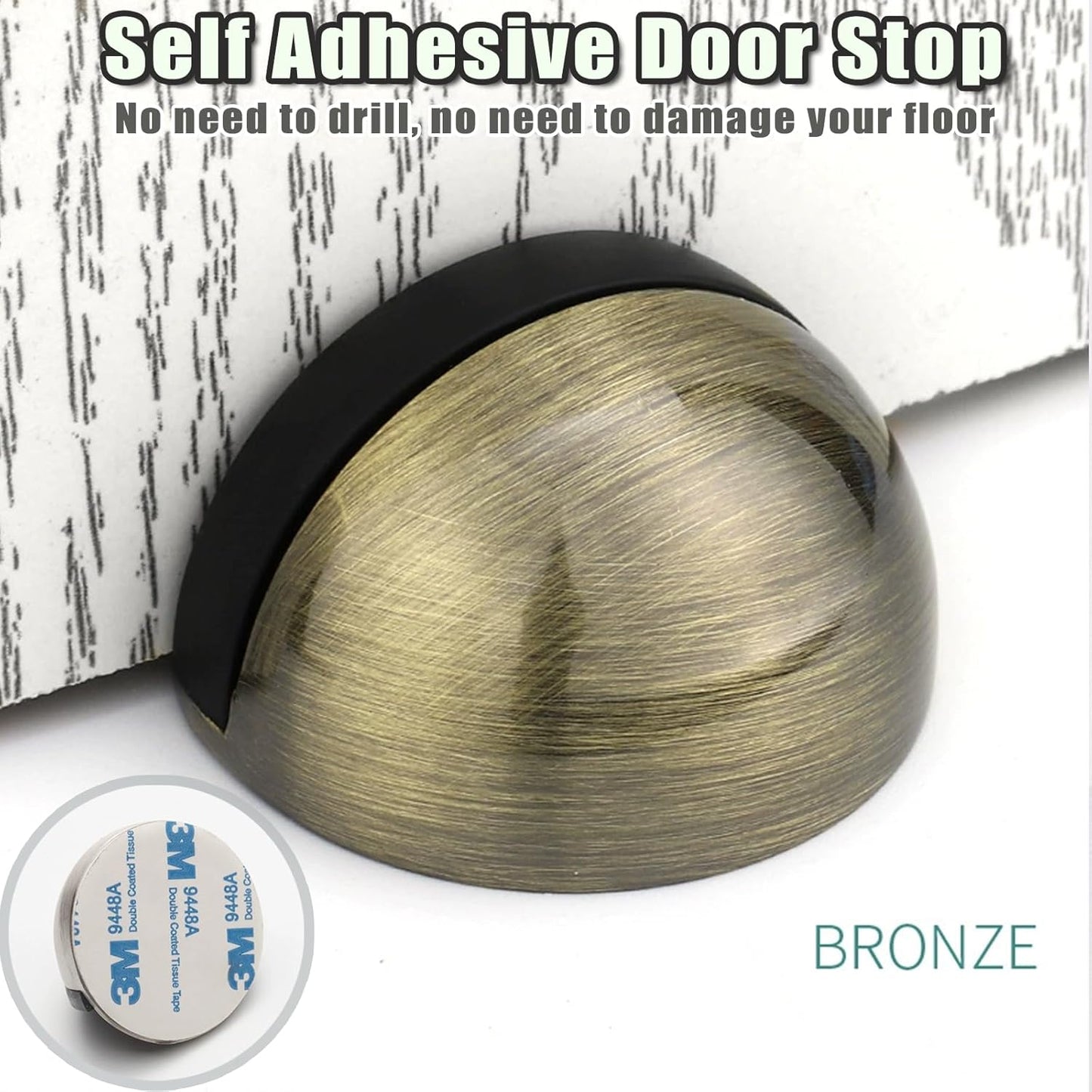 Drill-Free Floor Mounted Door Stoppers 3M Adhesive Self Adhesive Door Stoppers with Black Rubber Bumper Tips Floor Mount Half Dome Door Stopper for Office Bedroom Living Room Shower Room (Bronze-2Pcs)