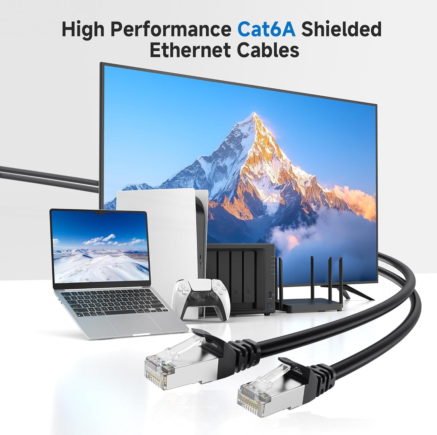 10Gbps 5-Pack Snagless Short Shielded Cat 6A Ethernet Cable - 3ft, Cat 6A Cable, Cat6A Cord, Ethernet Cord, Black