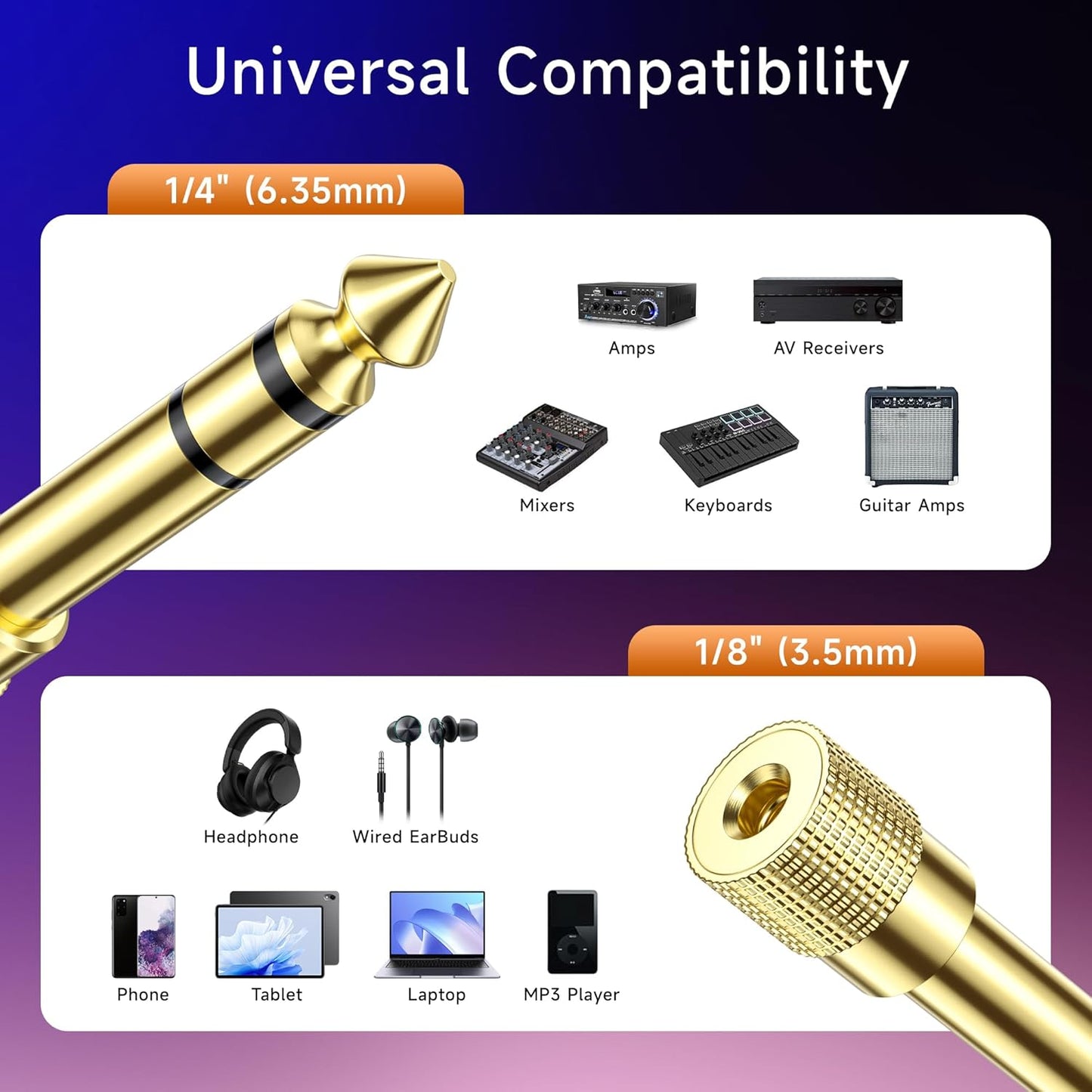 5-Pack 1/4 to 1/8 Headphone Adapter, 6.35mm to 3.5mm Adapter Male to Female, Gold Plated Stereo Headphone 3.5mm to 1/4 Converter