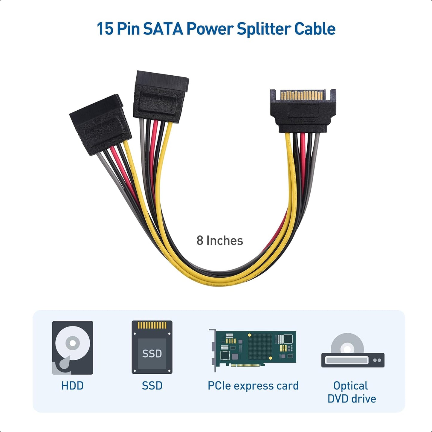 3-Pack 15 Pin SATA Power Splitter Cable - 8 Inches, SATA Power Y-Splitter Cable