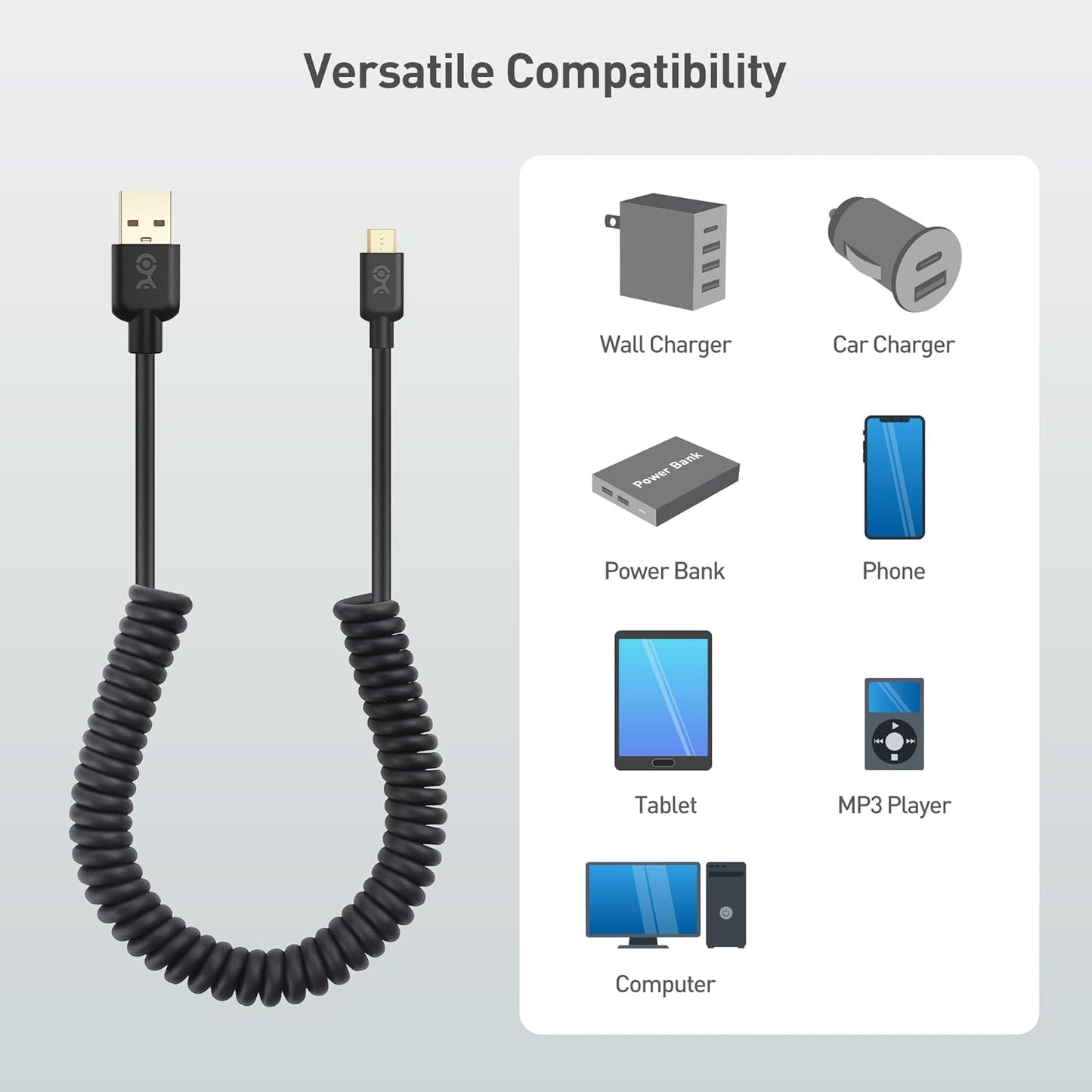 2-Pack Coiled Micro USB Cable (Coiled Micro USB to USB2.0) 2-4 Feet