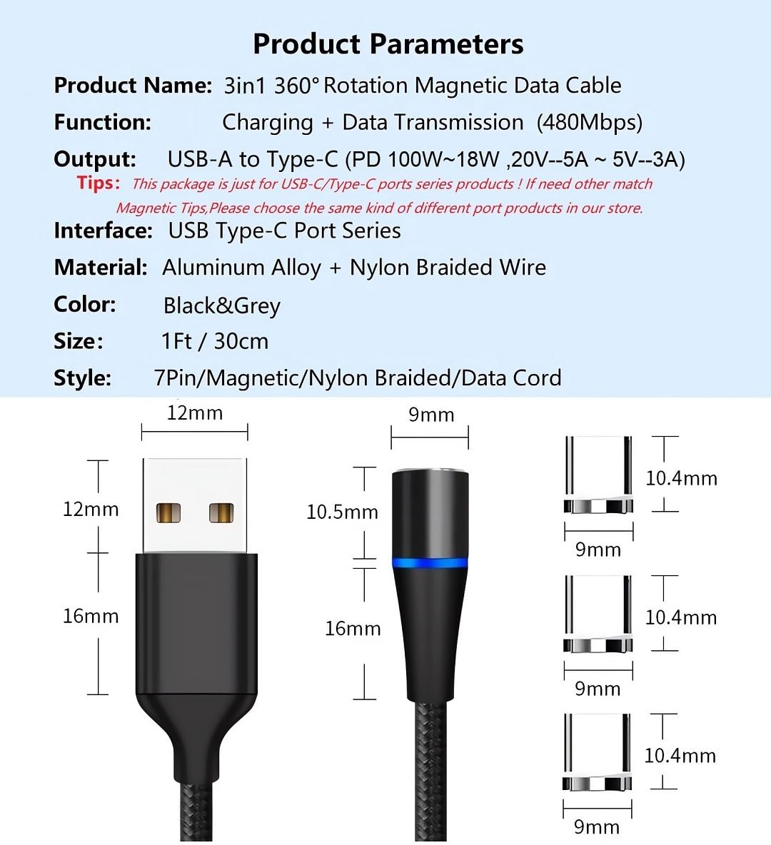 Magnetic Charging Cable 7Pin Sereis 2Pack 1Ft USB-C Short Cable Sets–Fast Charging Compatible for USB Type-C Devices(2PCS/1FT/360°7Pin/Black)