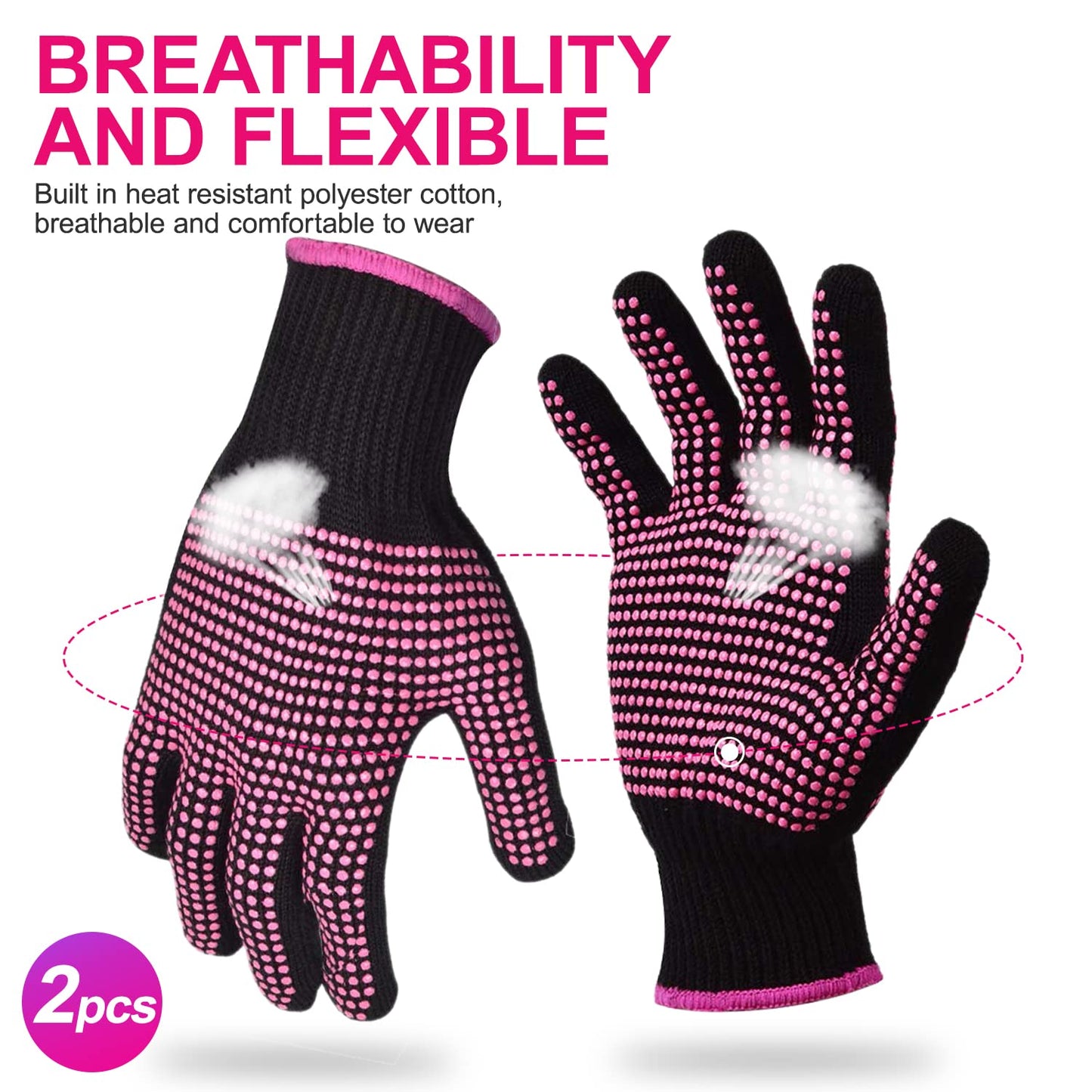 2Pcs Heat Resistant Gloves with Silicone Bumps, Professional Heat Protection Gloves for Hair Styling, Mitts for Curling Iron Wand Flat Iron Sublimation, Rose Red