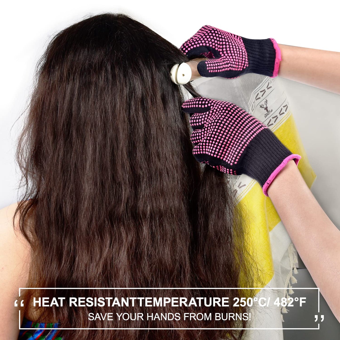 2Pcs Heat Resistant Gloves with Silicone Bumps, Professional Heat Protection Gloves for Hair Styling, Mitts for Curling Iron Wand Flat Iron Sublimation, Rose Red