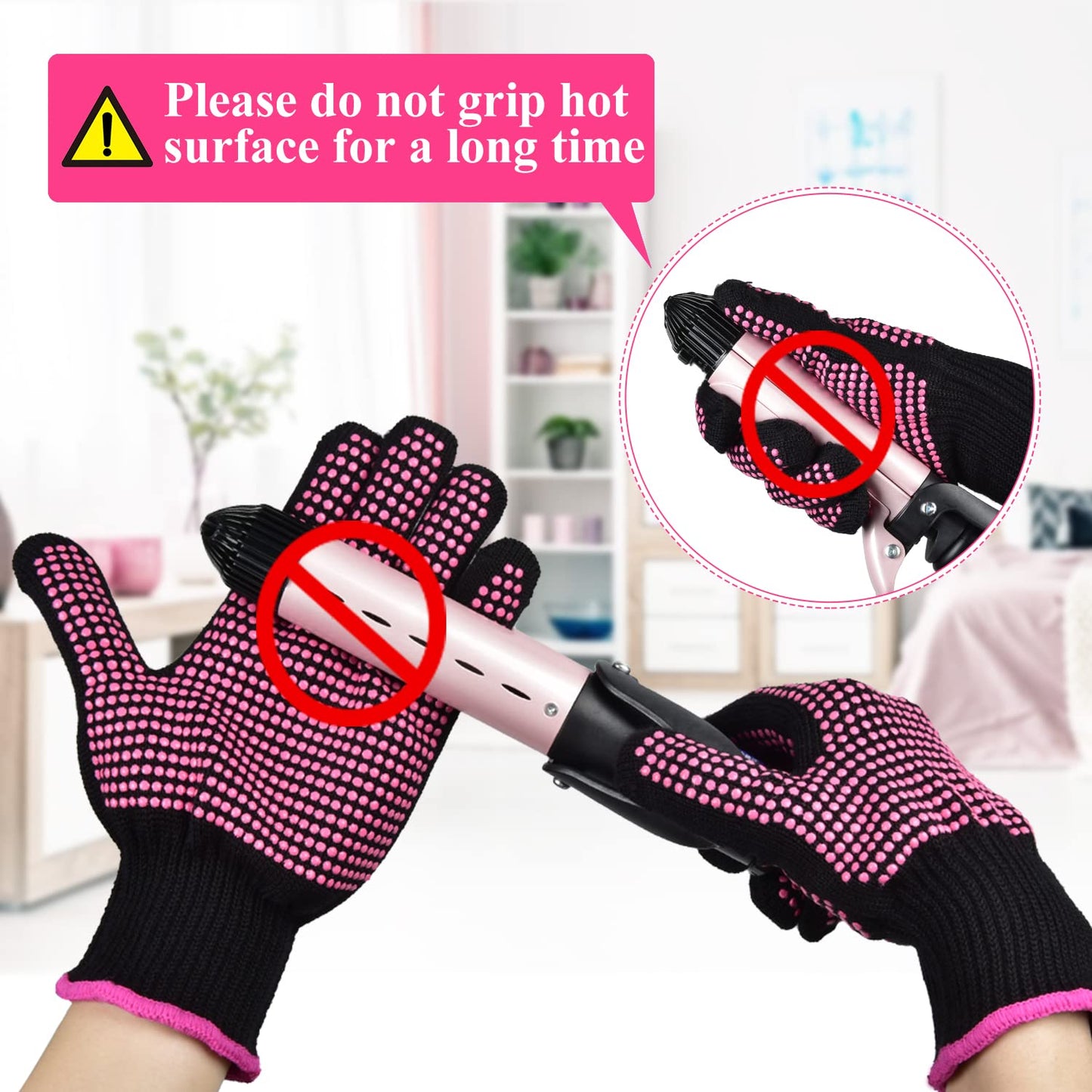 2Pcs Heat Resistant Gloves with Silicone Bumps, Professional Heat Protection Gloves for Hair Styling, Mitts for Curling Iron Wand Flat Iron Sublimation, Rose Red