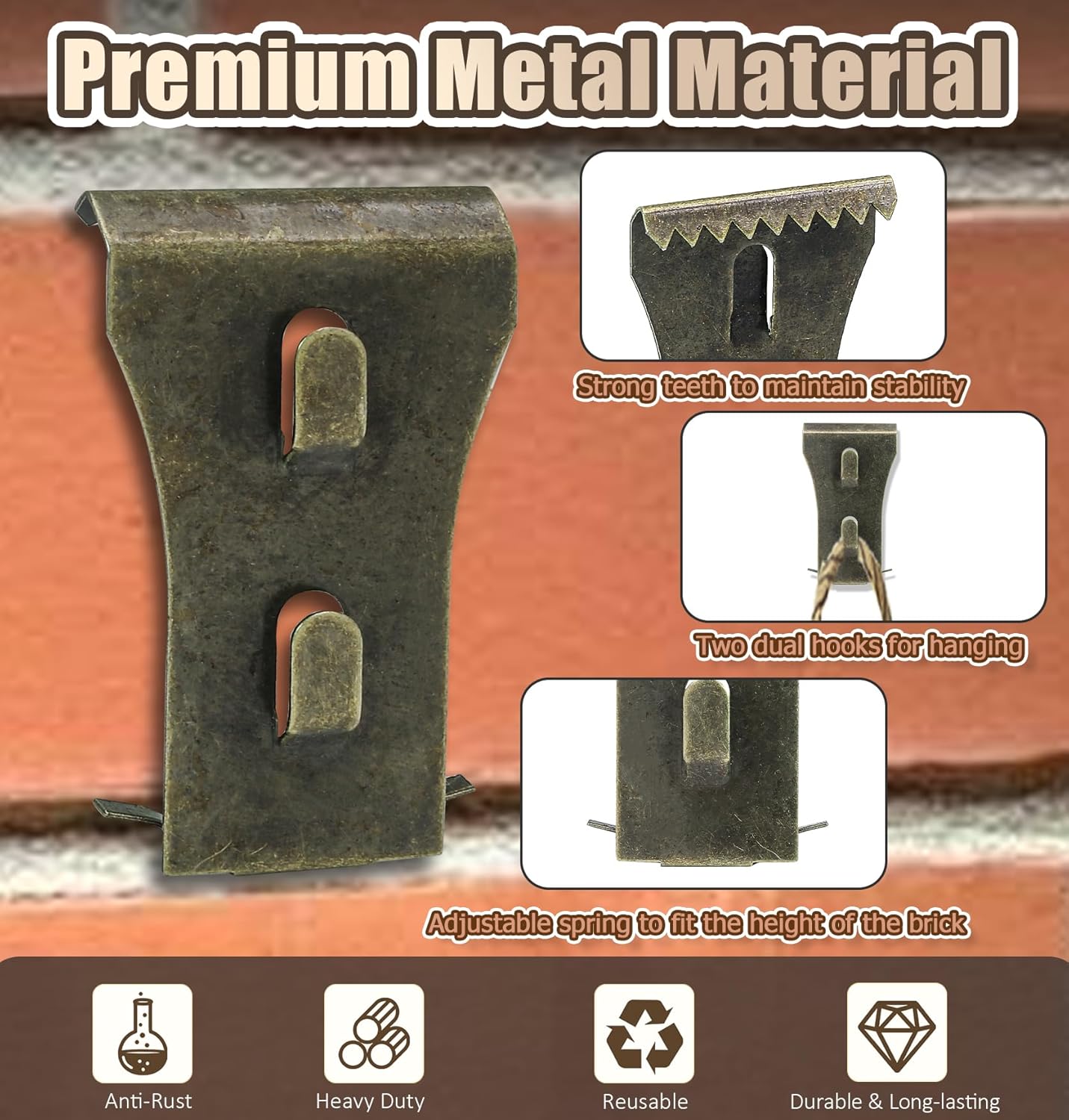 8Pcs Brick Clips for Hanging Outdoors Metal Brick Hangers Brick Wall Hooks Hangers for Outside Wall Home Decor, Fits 2-1/4" to 2-3/8" High Bricks