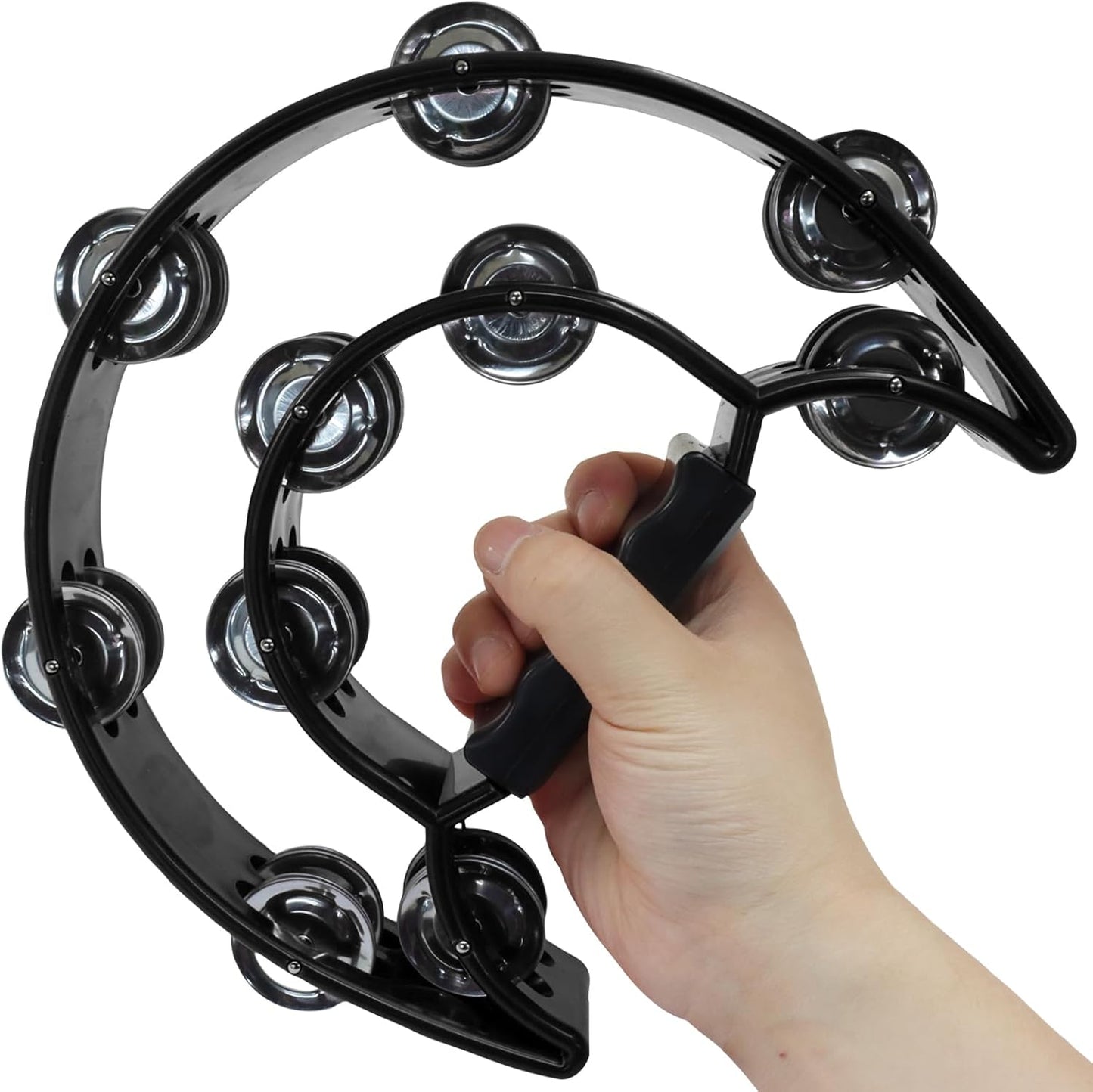 Tambourine Double Row, Metal Jingles Hand Held Percussion, Half Moon Tambourine for Kids/Adults/Party Kids-Black