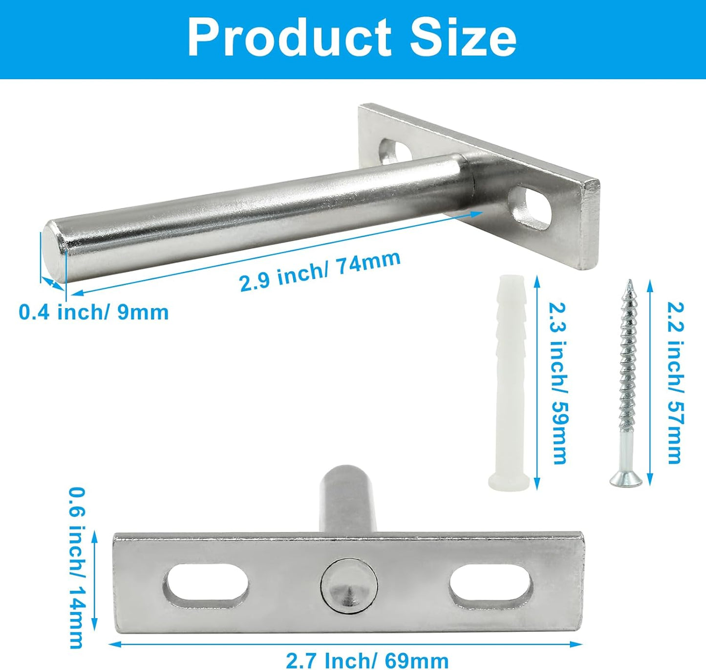 4 Pcs Hidden Floating Shelf Brackets, 3 Inch, Silver, Steel, Wall Mount, Screws and Wall Plugs Included
