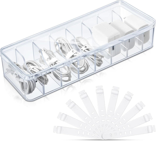 1 Pcs Cable Organizer Box with Wire Ties, Plastic Cord Storage Box with Lid, Electronics Organizer for Home Office Desk Organizers and Accessories (Clear)