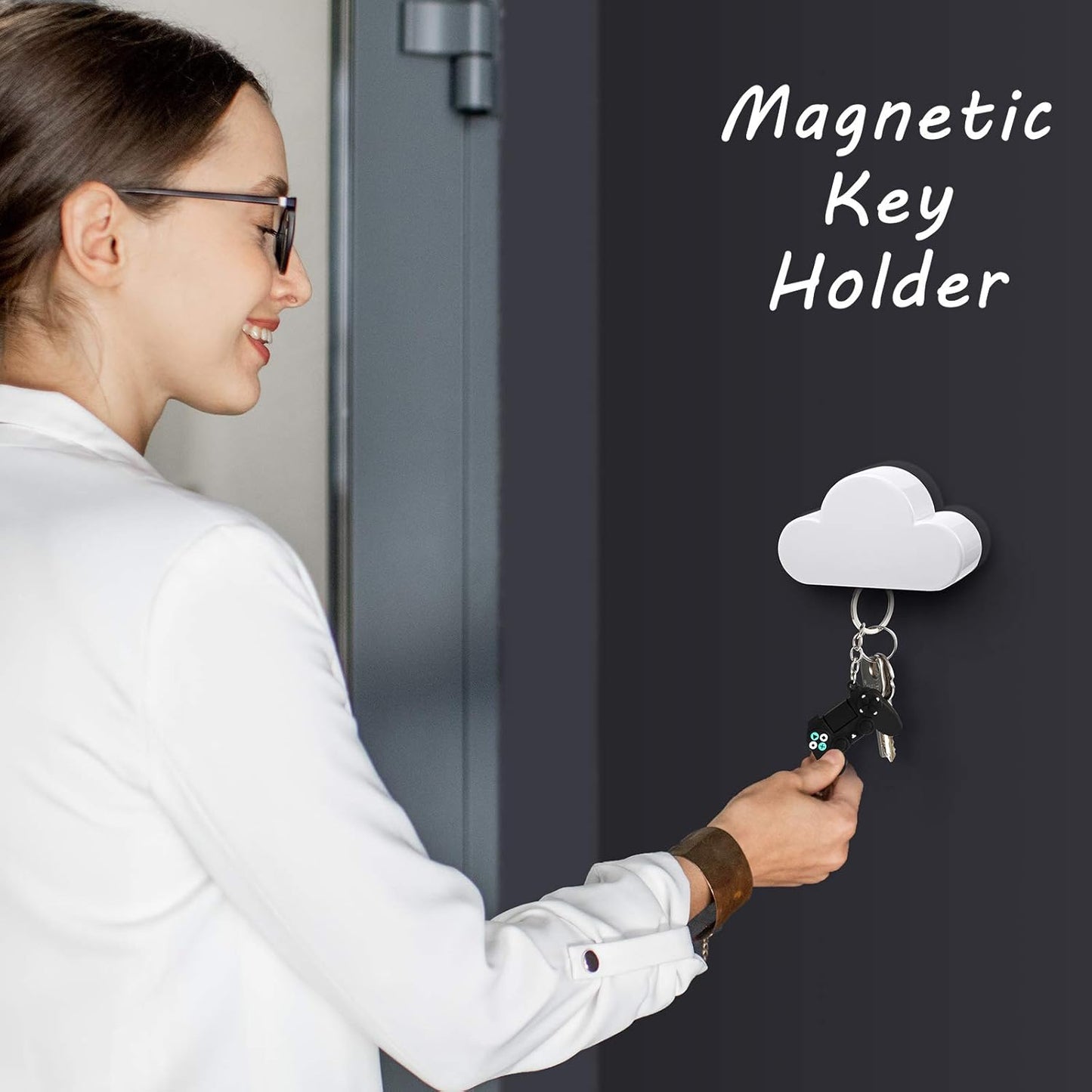 4 Pieces Cloud Magnetic Key Holder for Wall Key Rack Organizer Keychains Hooks with Adhesive for Door(White)