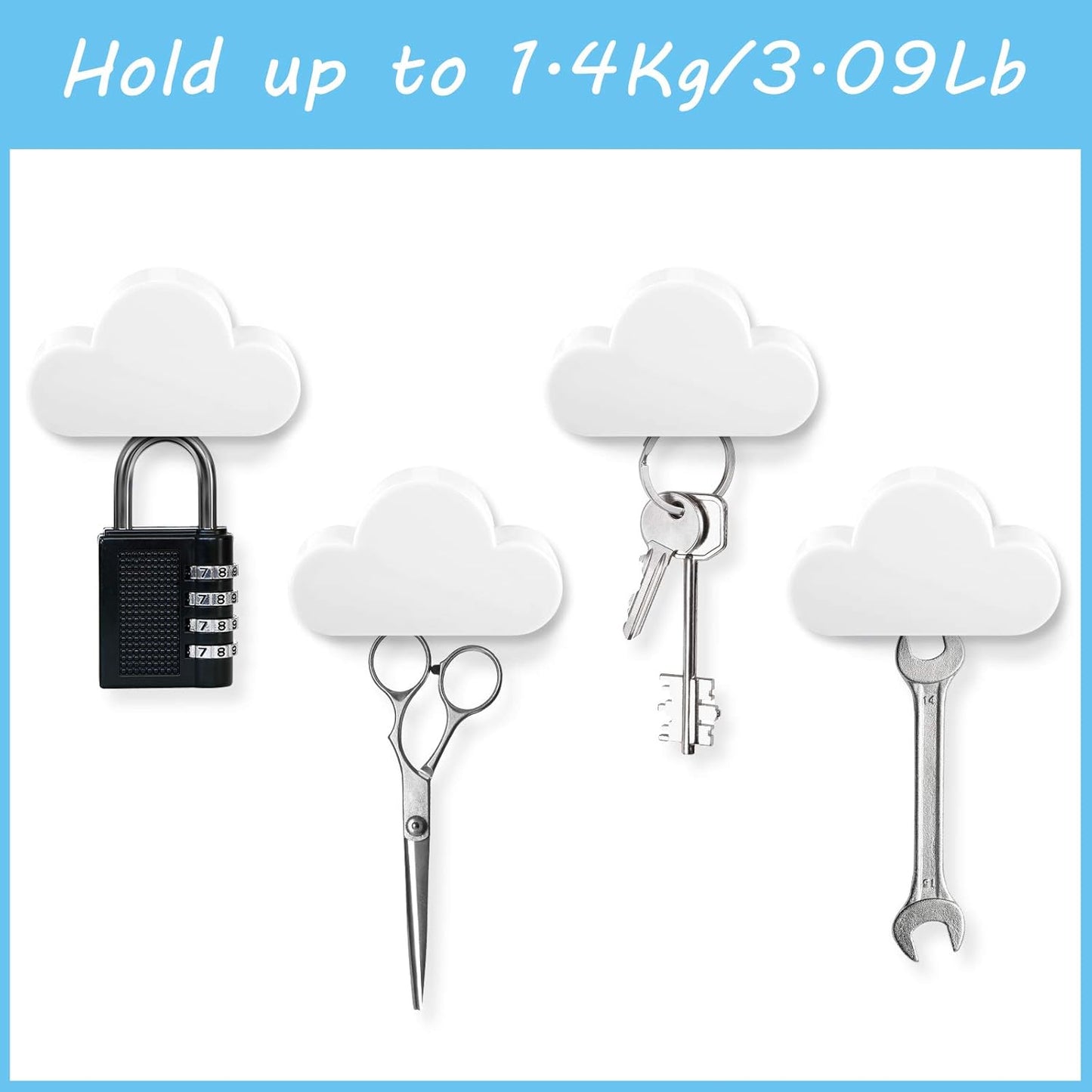 4 Pieces Cloud Magnetic Key Holder for Wall Key Rack Organizer Keychains Hooks with Adhesive for Door(White)