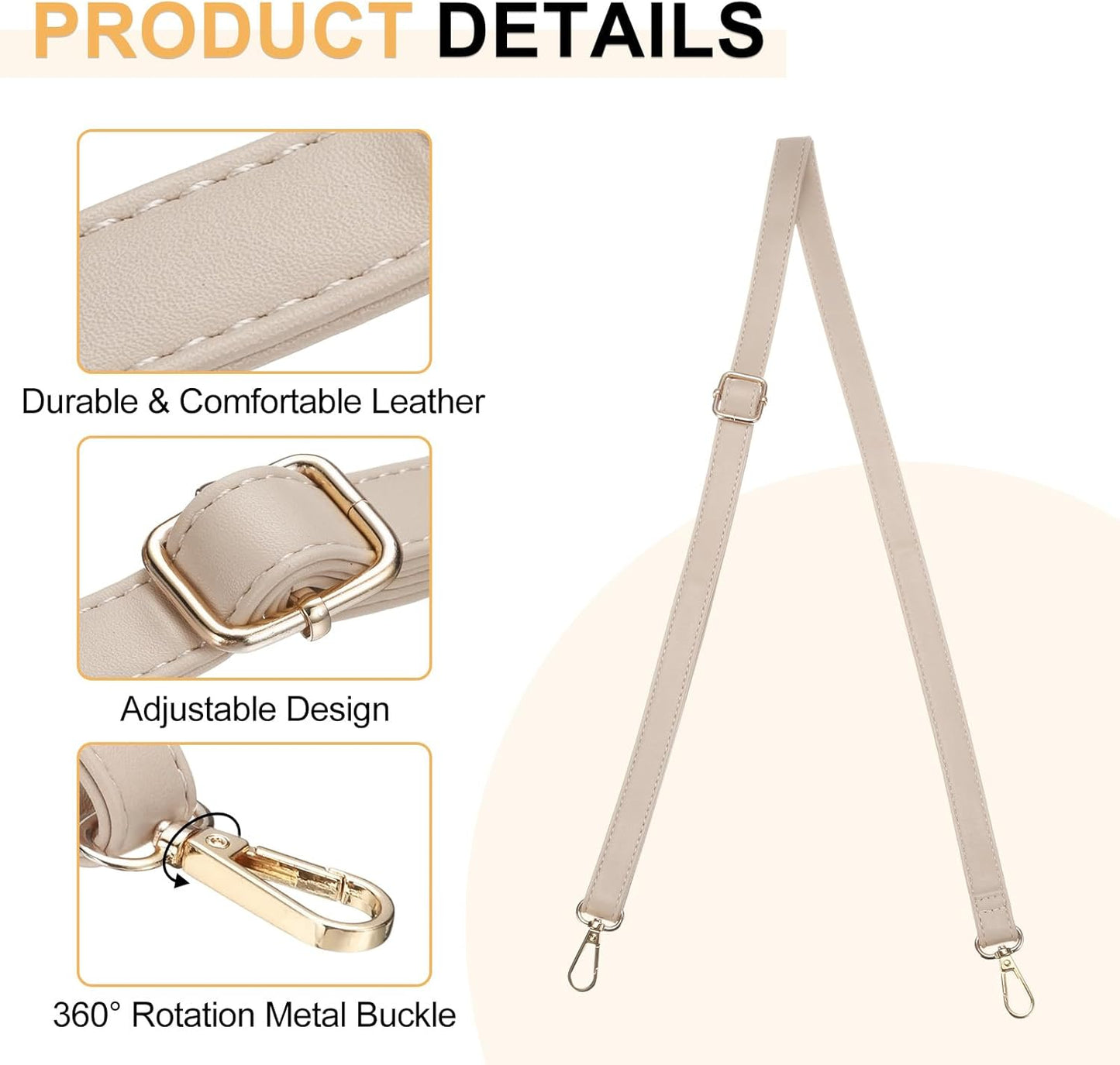 Leather Purse Strap Replacement Crossbody, 27.6-51.2 Inch Adjustable Bag Strap Purse Straps for Women Crossbody Bags Shoulder Bag Handbag, Light Beige