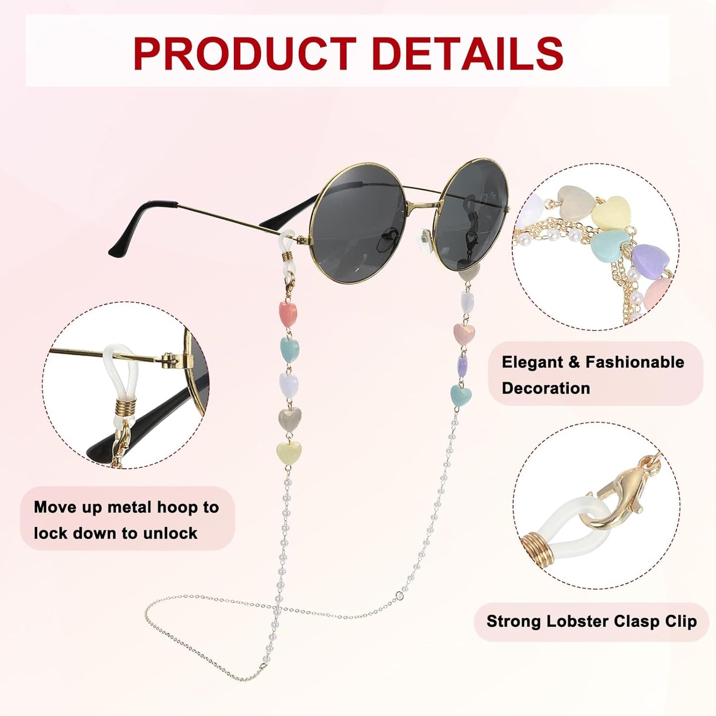 Beads Eyeglass Chain, Pearl Glasses Strap Eyewear Retainer Chain Around Neck Sunglass Holder for Girls Women