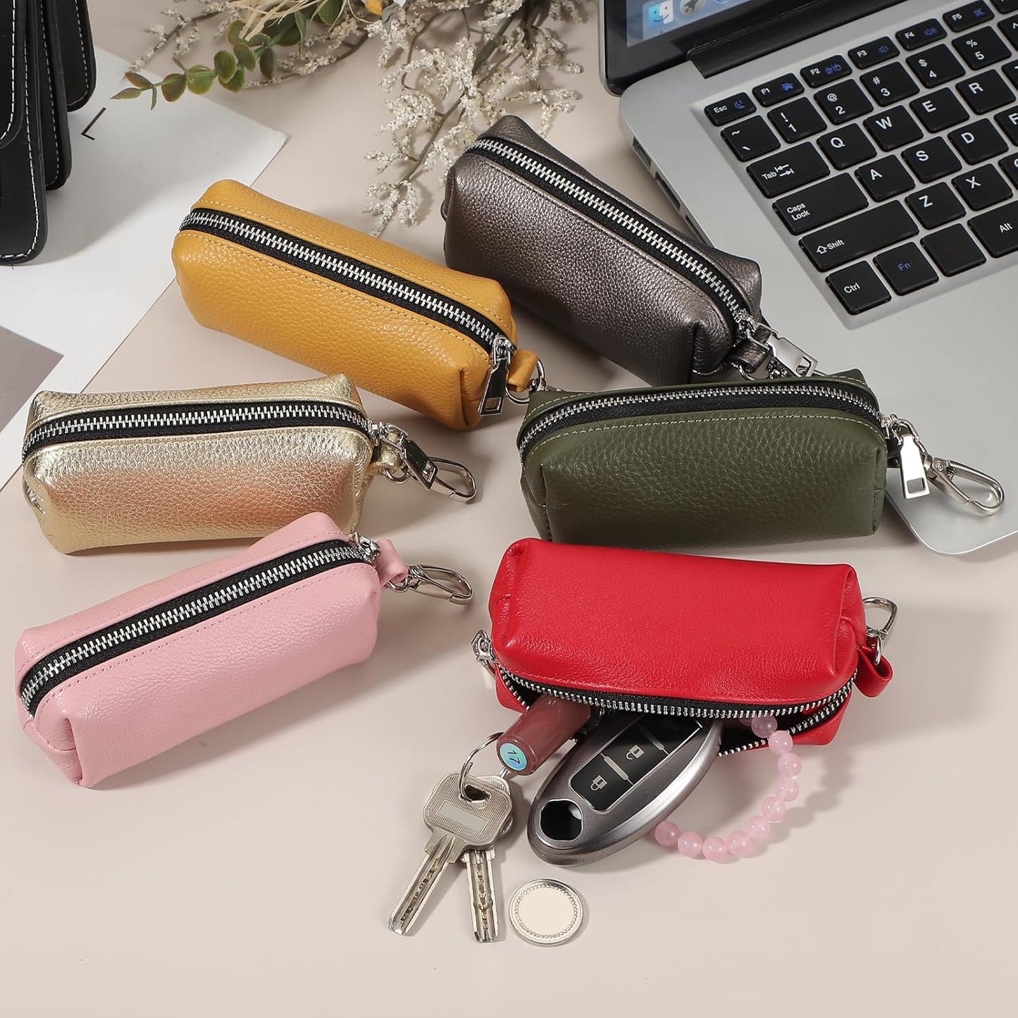 Leather Coin Purse, Leather Car Key Holder Bag Hand-held Change Purse Keychain Pouch Small Coin Pouch with Key Ring for Women and Men, Black