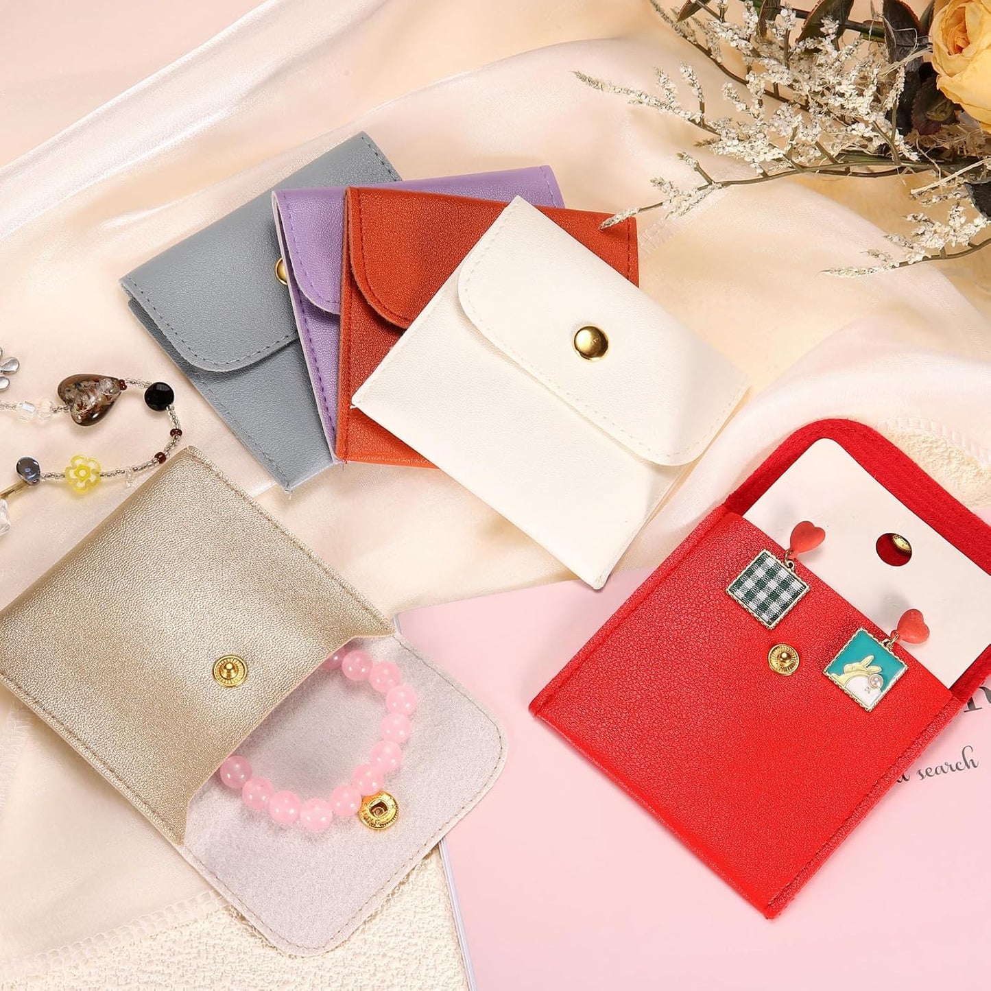 6 Pcs Mini Jewelry Pouch, 8 Inch PU Leather Small Jewelry Bags Soft Jewelry Package Gift Storage Bag Travel Jewelry Bag for Women Rings Necklace Bracelet, Gold