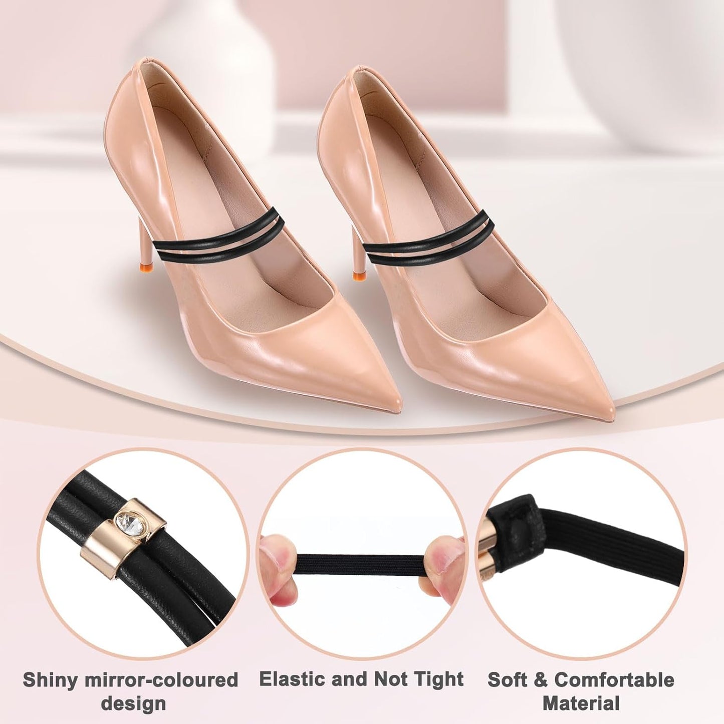 4 Pairs High Heels Shoe Straps, Rhinestone Elastic Shoe Straps Heels Detachable Ankle Straps Replacement Shoelace Crystal for Women Loose Slippers Sandals, Matte Black