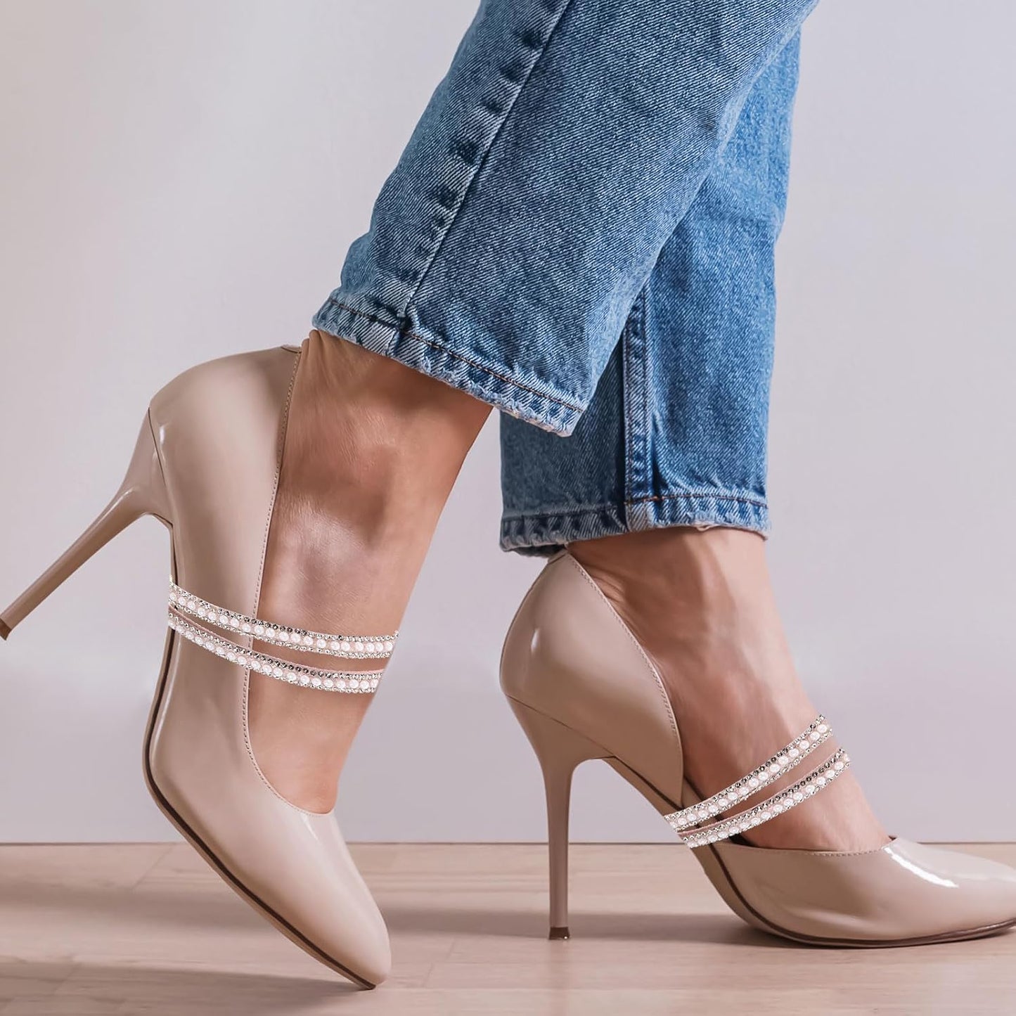 4 Pairs High Heels Shoe Straps, Rhinestone Elastic Shoe Straps Heels Detachable Ankle Straps Replacement Shoelace Crystal for Women Loose Slippers Sandals, Matte Black