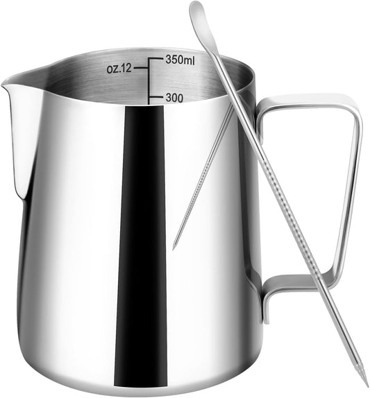 Milk Frothing Pitcher, 12oz Milk Frother Cup with Clear Scale, 304 Stainless Steel Cappuccino Espresso Machine Accessories for Barista Coffee Bar with Latte Art Pen, Silver