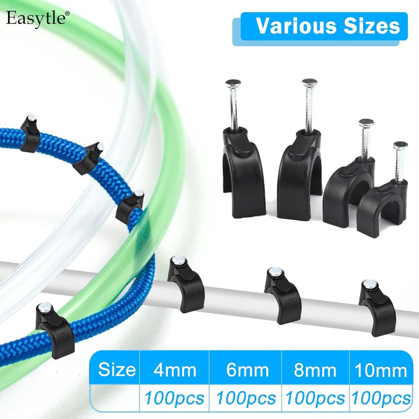 400pcs Black Cable Clips 4/6/8/10mm Cable Wire Clips Nail in Cable Clips Cable Tacks Coaxial Nail Clamps Cable Nails for Cords Cable Management RG6 RG59 CAT6 RJ45 Ethernet Cable Clips Coax Clamps