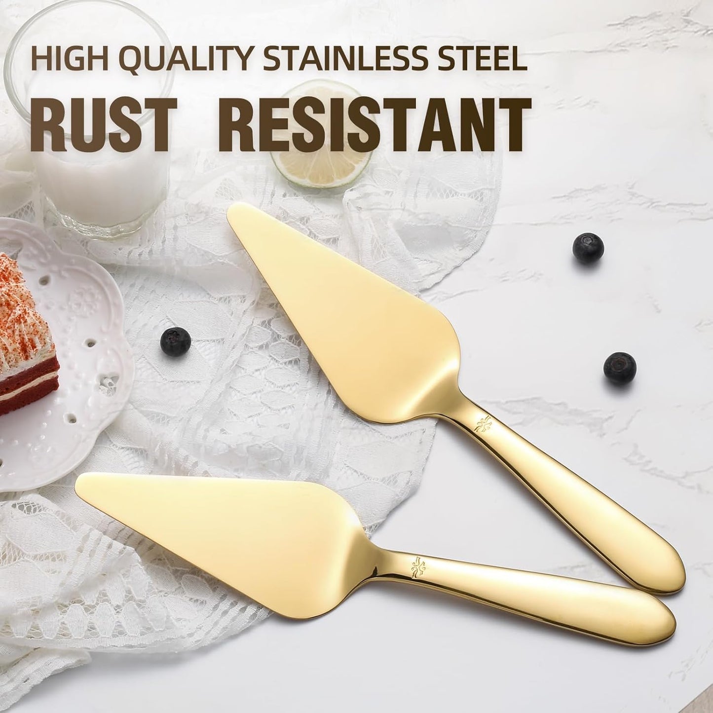 Cake Server, Wedding Cake Cutting Set 2 Piece Gold Cake Cutter, Stainless Steel Pie Server with Smooth Edge and Exquisite Pattern Design for Pastry Pizza Dessert